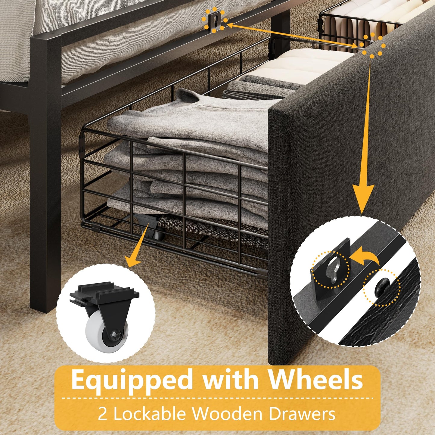 Furnulem Queen Bed Frame with Storage Drawers, Upholstered Headboard with LED Light & Charging Station, Metal Platform Bed Frame Queen Size, Noise Free, No Box Spring Needed, Black (1200 lbs Capacity)