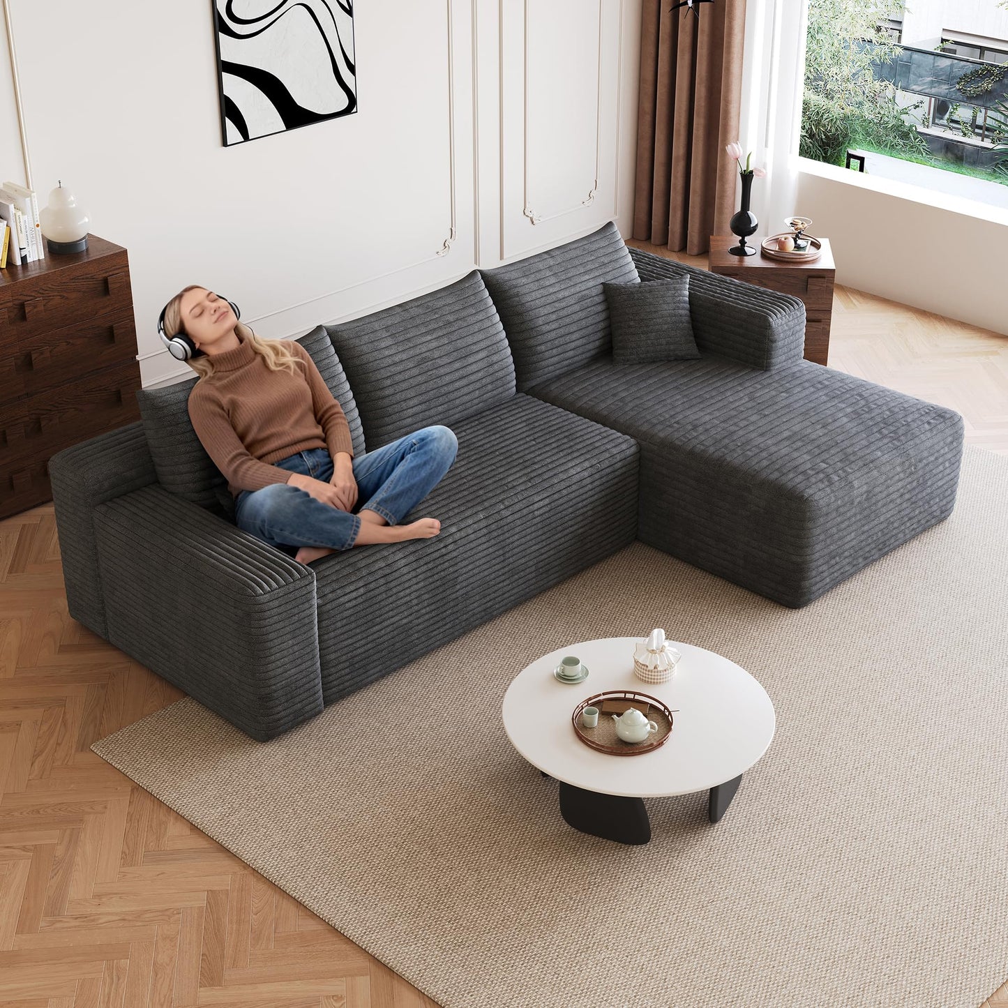 95" L Shaped Boneless Sectional Sofa Couch with Chaise Lounge, Minimalist Right Facing Compressed Cloud Modular Sectional Sofa Corner Couchfor Living Room,No Assembly Required