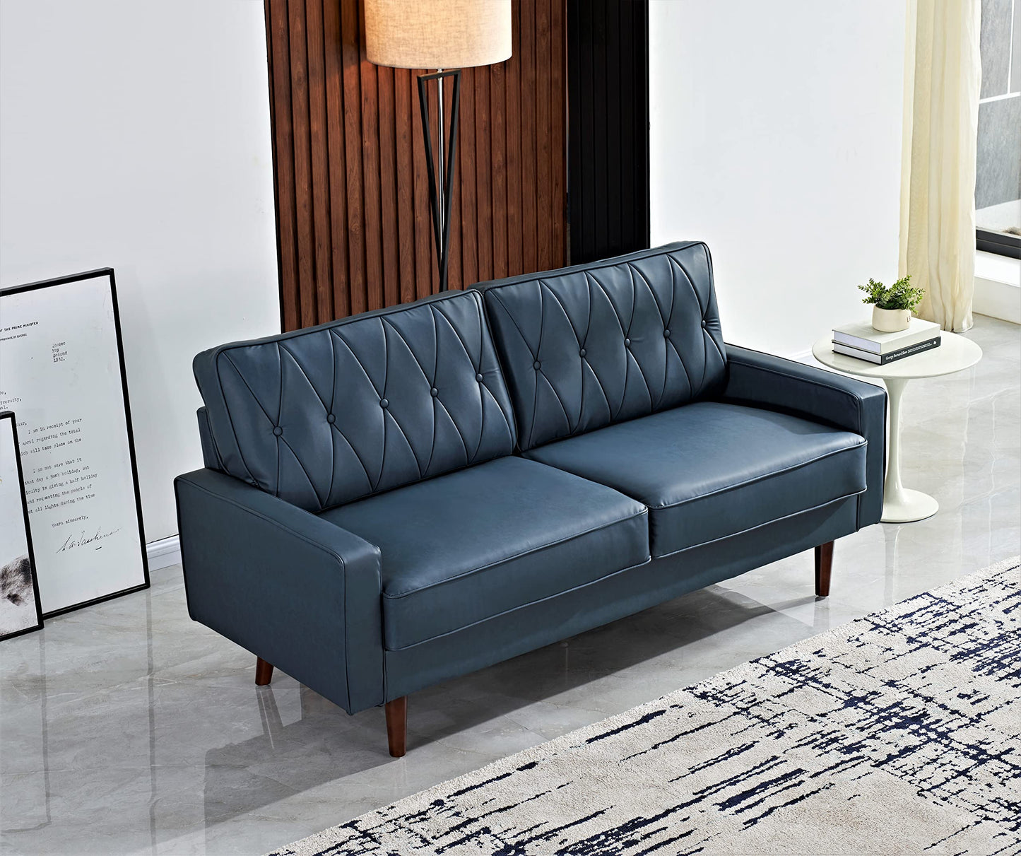 Container Furniture Modern Style Faux Leather Sofa with Elegant Round Tapered Legs and Button Tufted Backrest Perfect for Living Room, Bedroom or Home Office, 69.3’’ Wide, Blue