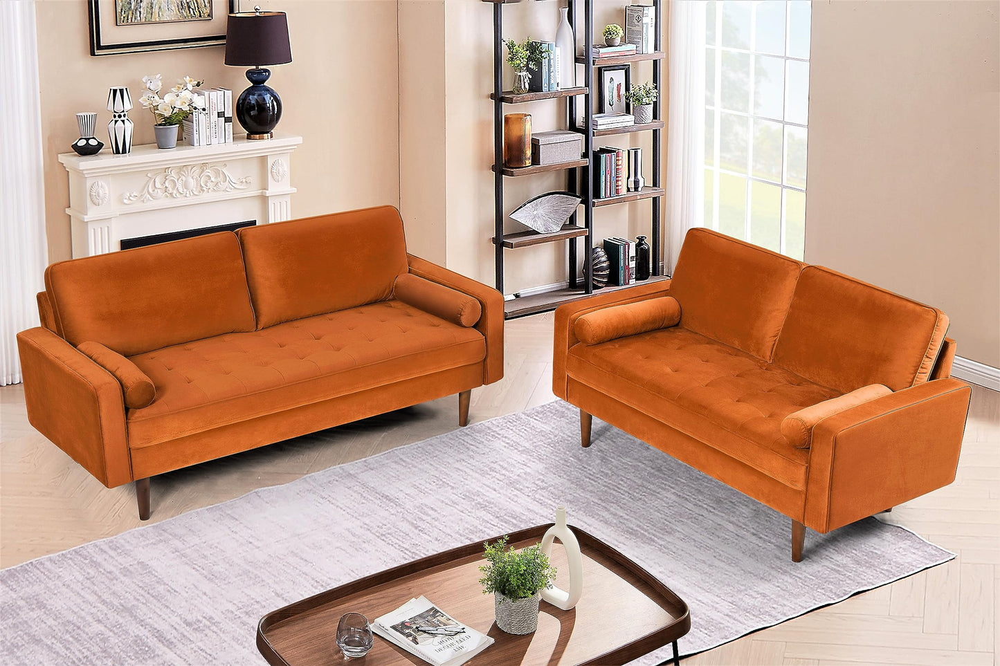 Container Furniture Direct Velvet Tufted Sofas for Living Room, Classic Mid-Century Style with Modern Silhouette, Button Tufting and Wood Legs, Includes 2 Bolster Pillows, Loveseat, Orange
