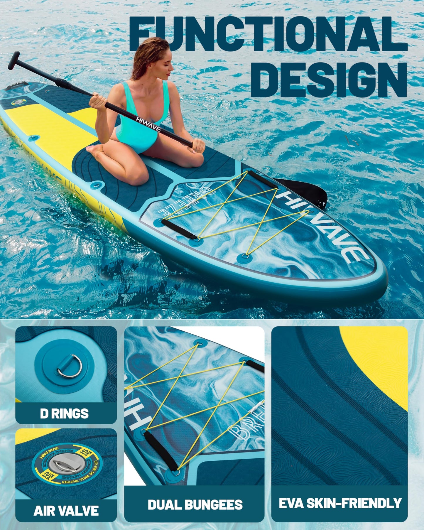 Hiwave Inflatable Stand Up Paddle Board 11’*34”*6” Sup Board,420lbs Capacity Adult&Youth Paddle Board, Pet Friendly for Ocean&Lake, w/Double Action Hand Pump Blue