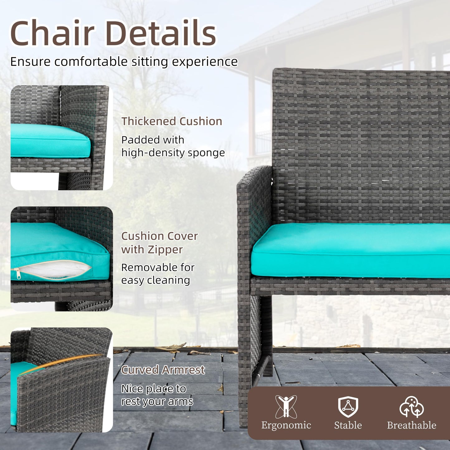 4 Piece Patio Ratten Set Outdoor Furniture Set Wicker Conversation Sets with Cushions and Tempered Glass Tabletop,Blue