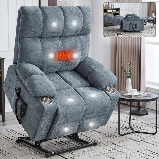 Dual Motor Power Lift Recliner Chair with Heat and Massage, Infinite Position Lift Chair, Oversized Chenille Recliner with 8-Point Vibration, Cup Holders and Side Pockets for Living Room, Grey Blue