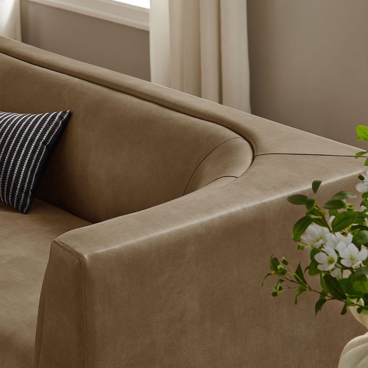 Modway Hilda 86 Inch Modern Curved Back Faux Leather Sofa in Mushroom – Vegan Leather Upholstered 3-Seat Couch for Living Room, Apartment, Office
