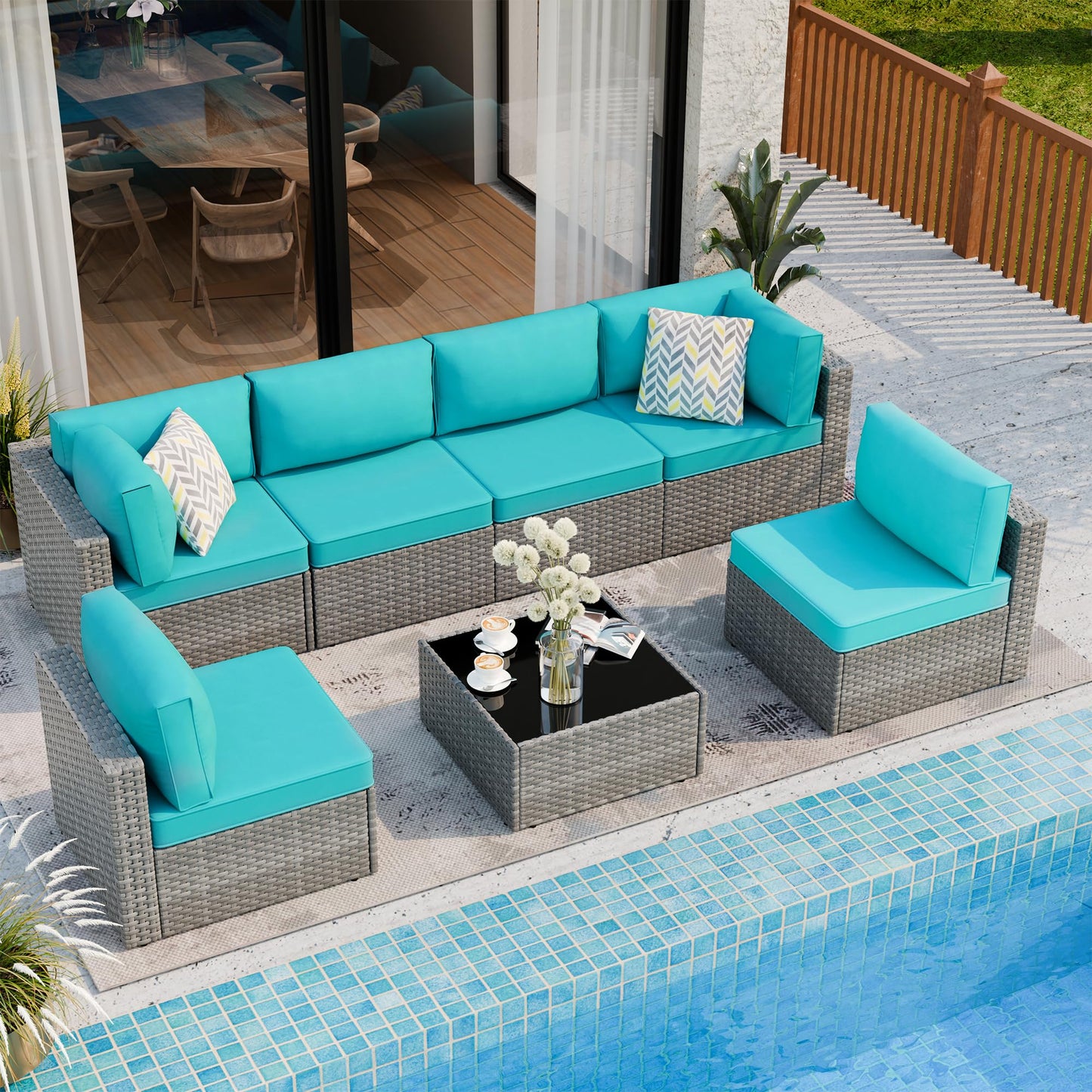 7 Piece Outdoor Patio Furniture Set, Silver Rattan Wicker Sectional Sofa, All Weather Conversation Set with Washable Cushions & Glass Coffee Table for Backyard Poolside Garden Porch,Blue