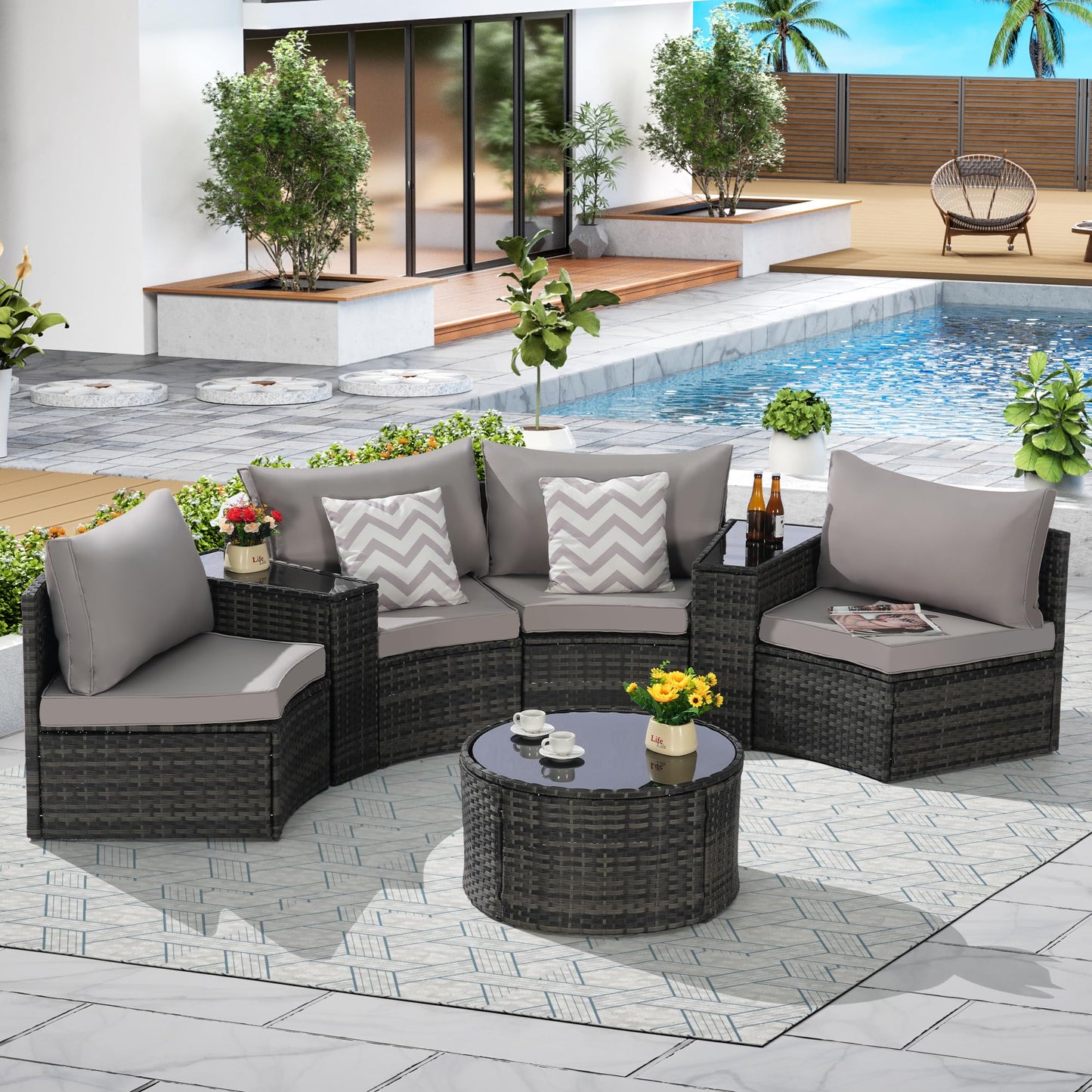 KEIKI Outdoor Patio Furniture 7-Piece Half-Moon Curved Sectional Sofa Set, All-Weather Wicker Patio Conversation Set with Round Coffee Table and 2 Storage Armrests for Poolside Backyard, Light Gray