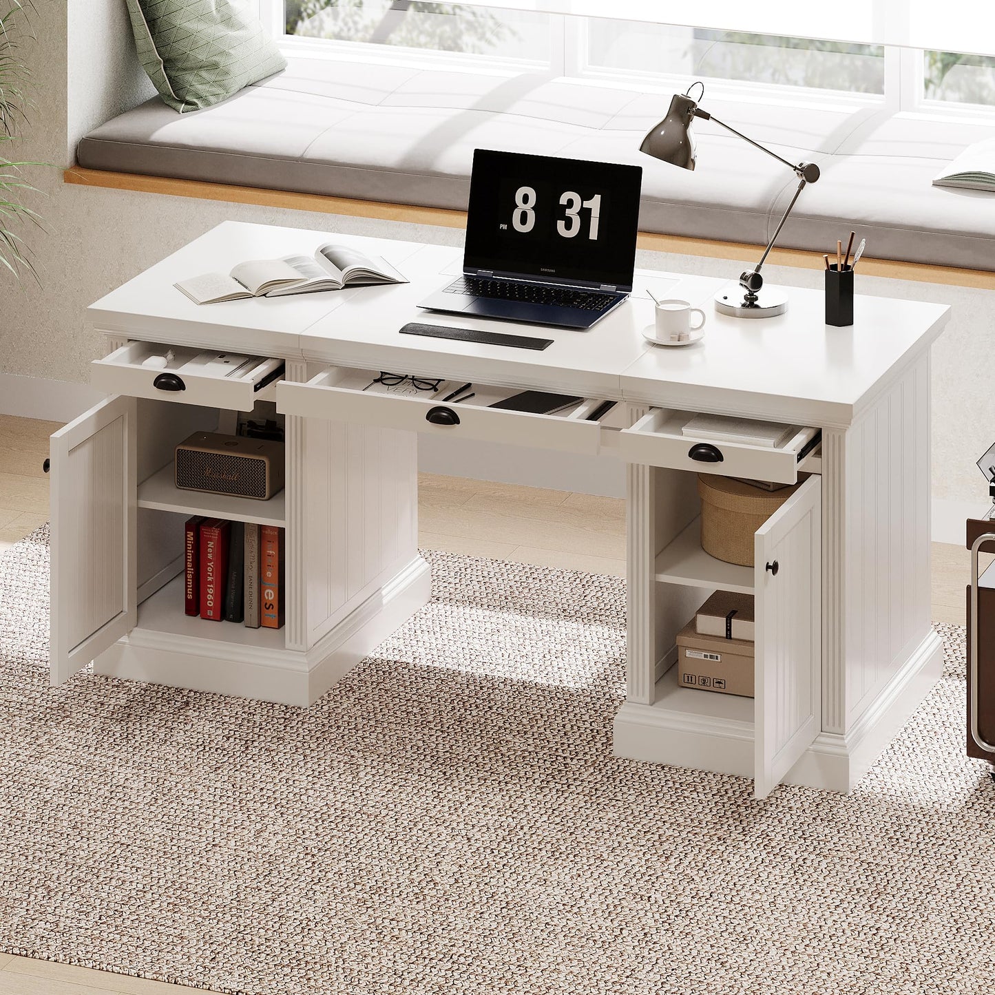 GDFStudio 67" Modern Executive Desk with Storage, White Computer Desk with 2 Doors Cabinet and 3 Drawers, Home Office Writing Desk with USB Ports and Power Outlets, Large Workstation for Study,Office