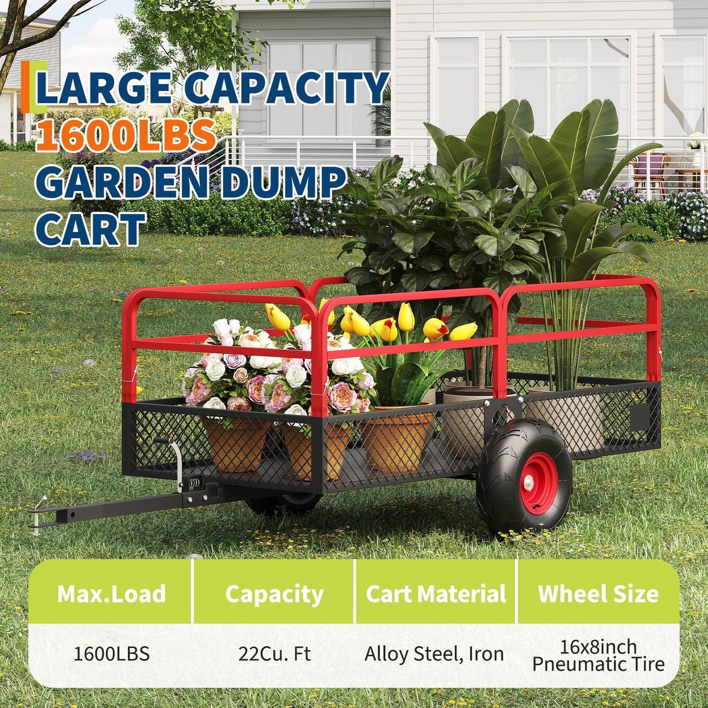 ATV UTV Trailer Tow Behind Dump Cart, 1600 lbs 22 Cubic Feet Heavy Duty Steel Dump Cart, Yard Garden Trailer Pull Behind with Removable Sides & All Terrain Tires, Fits Lawn Mower, Tractor, Garden