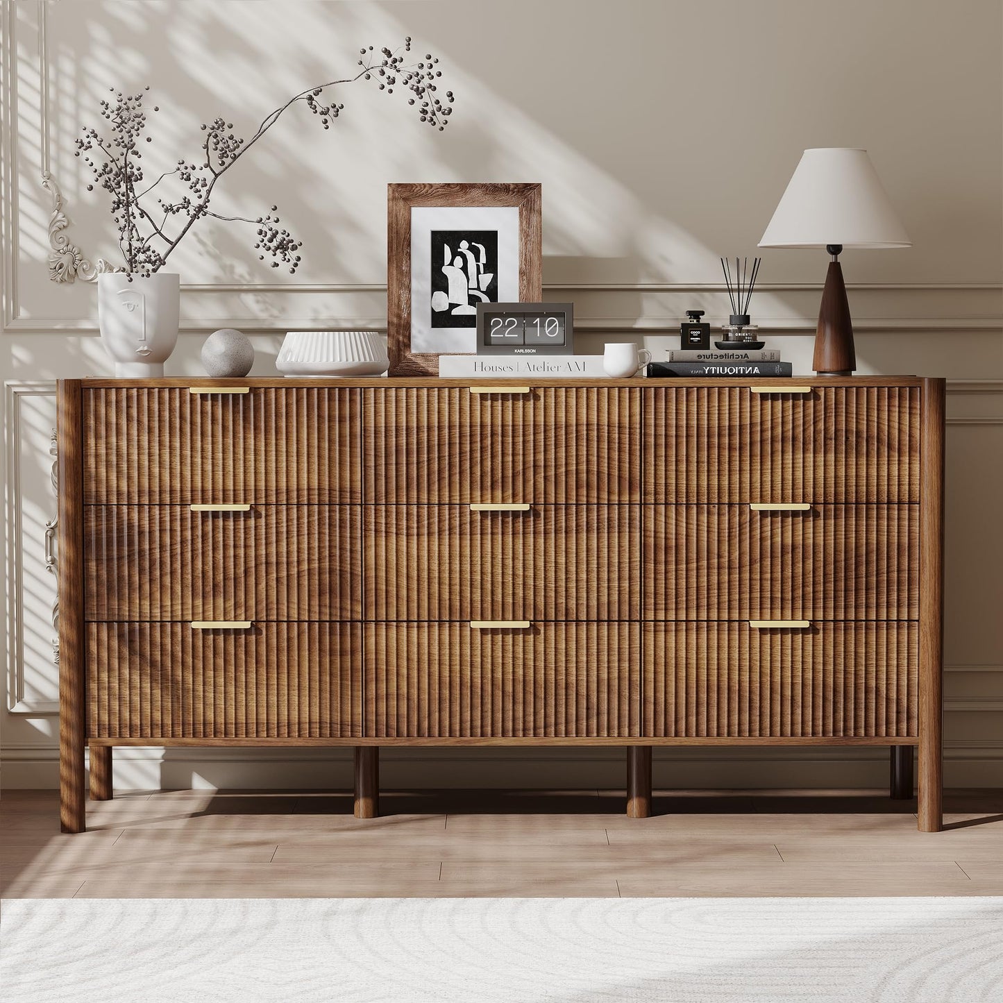 CHUWELL Fluted Walnut Dresser for Bedroom, 63" Wide Mid Century Modern Chest of Drawers with 4 Solid Wood Cylindrical Legs & Gold Metal Handles, 9 Drawer Large Dresser for Bedroom