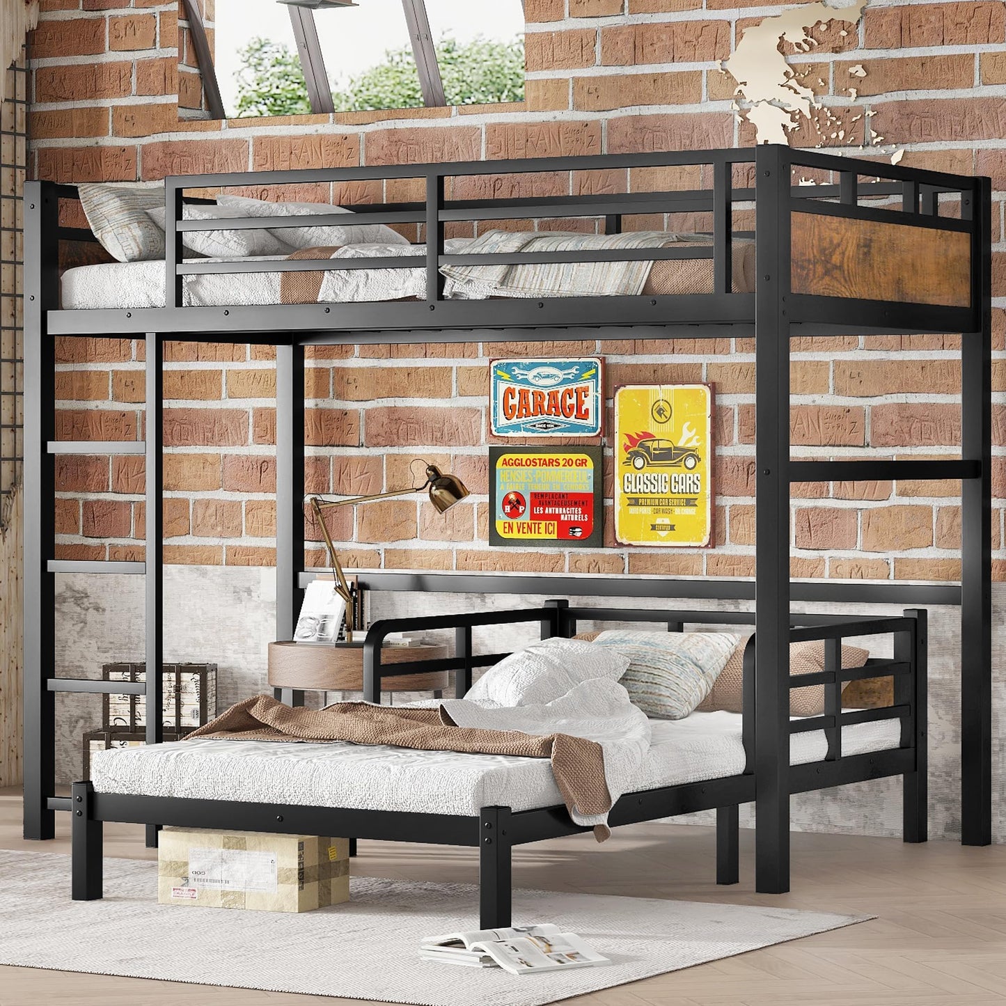 Twin XL Over Twin XL Metal Bunk Bed, Heavy Duty Convertible Bunk Bed Frame with Headboard & Full Guardrails, Can Be Split into Two Platform Beds or Loft Bed,Vintage