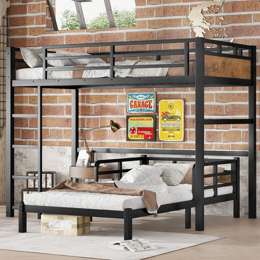 Twin XL Over Twin XL Metal Bunk Bed, Heavy Duty Convertible Bunk Bed Frame with Headboard & Full Guardrails, Can Be Split into Two Platform Beds or Loft Bed,Vintage