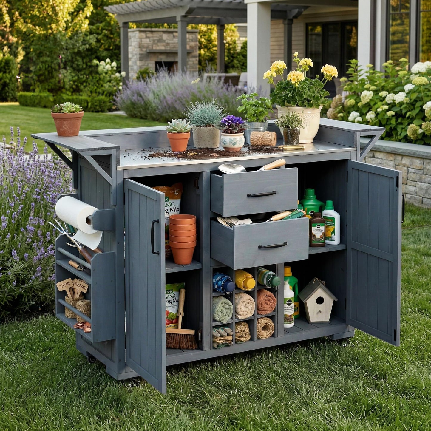GDFStudio Elhill Patio Kitchen Island Cart with Extendable Top, Wooden Outdoor Storage Cabinet with Stainless Steel BBQ Prep Table Top, Wine Rack, Spice Rack, Drawers and Lockable Wheels, Gray