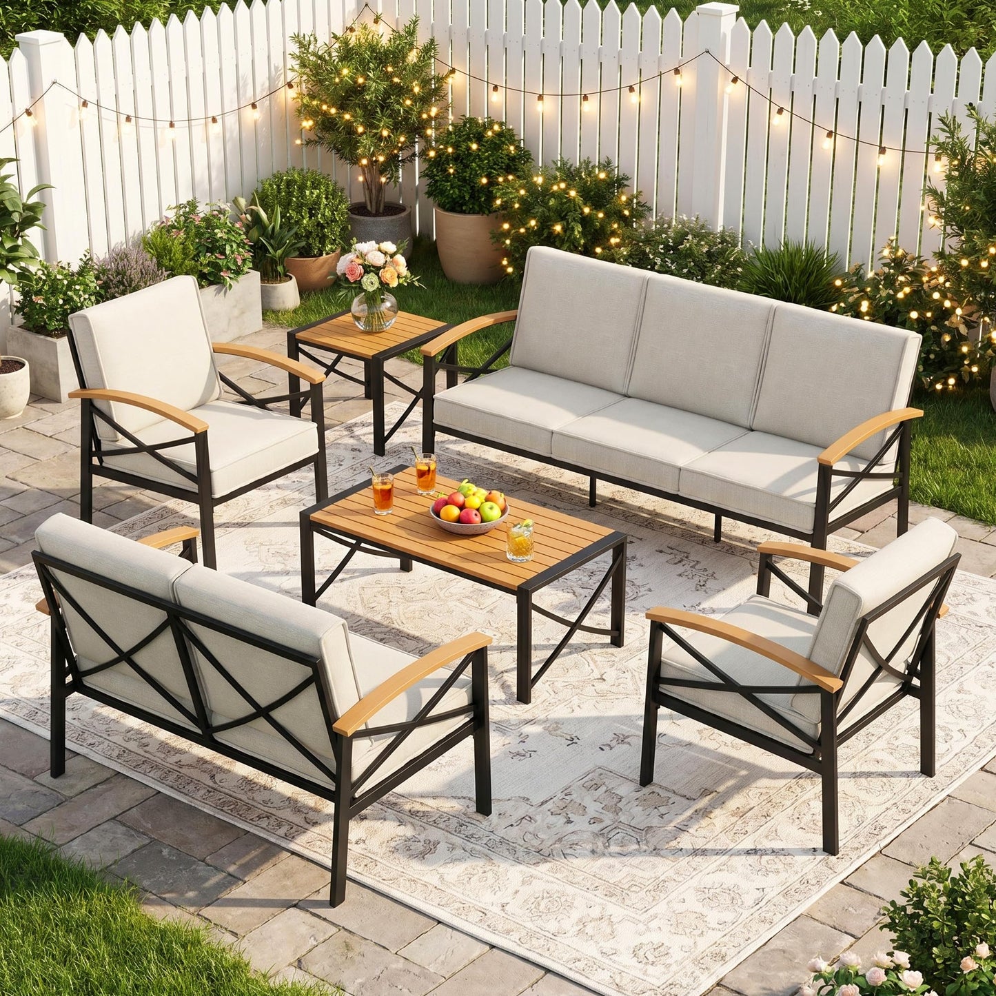6-Piece Outdoor Patio Furniture Set for All-Weather, Heavy-Duty Metal Outside Furniture with Washable Thick Cushions, Patio Sectional with Coffee Table for Patio, Deck, Backyard, Garden, Beige
