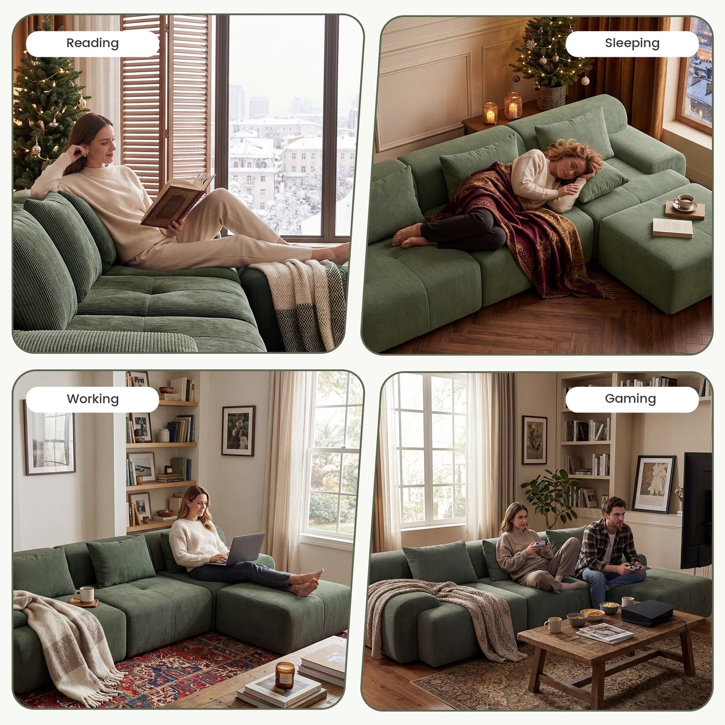 GRUSIGN 108'' Modular Sectional Boneless Sofa, Tufted Sectional Couches for Living Room,Oversized L Shape Deep Seat Sofa with Ottoman & 3 Throw Pillows,Corduroy Cloud Couch,Green