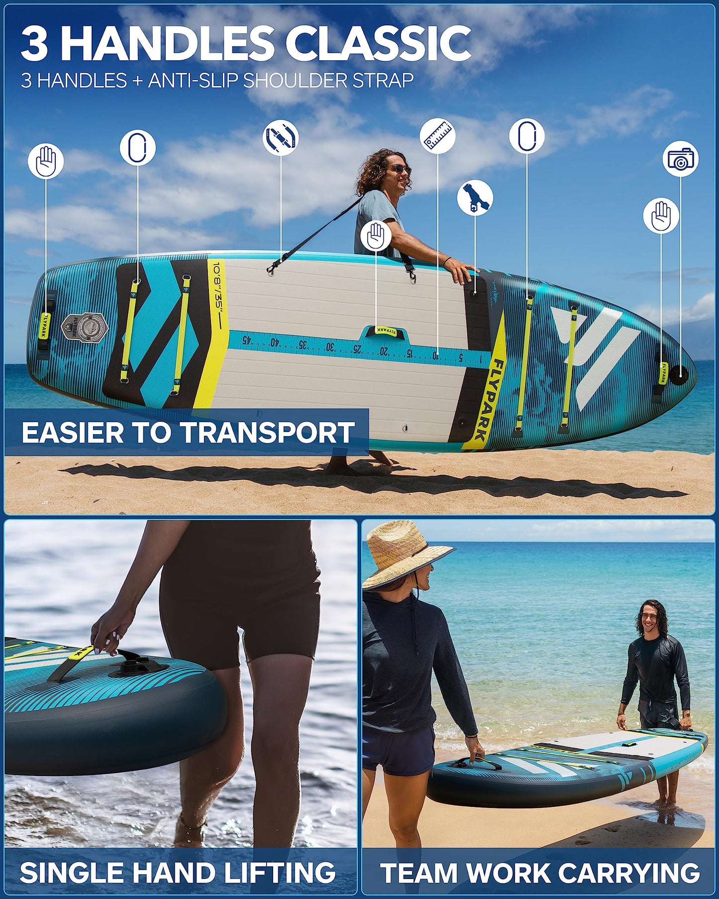Flypark 10'8''x35'' Fishing Inflatable Paddle Board, Extra Wide SUP Paddleboard Inflatable, Fishing Stand Up Paddle Board, 2 Fish mounts, Rod Hold, Measurement, Kayak seat, Camera Mount Shoulder Strap