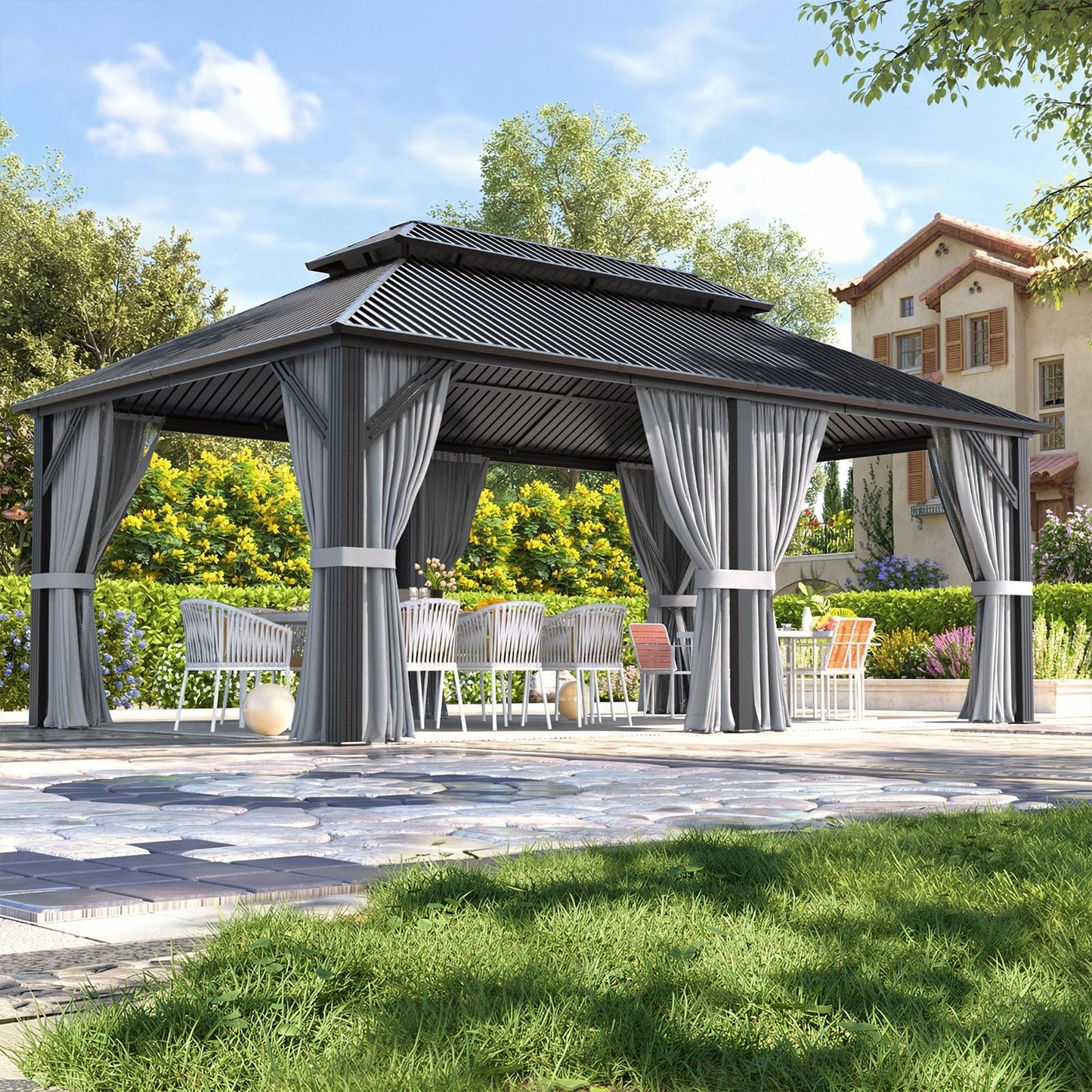 Polar Aurora 12x20 FT Outdoor Gazebo Hardtop Grill Gazebo Aluminum Galvanized Steel Double Roof Outdoor Pergola Include Curtain and Netting for Backyard, Patio, Lawn
