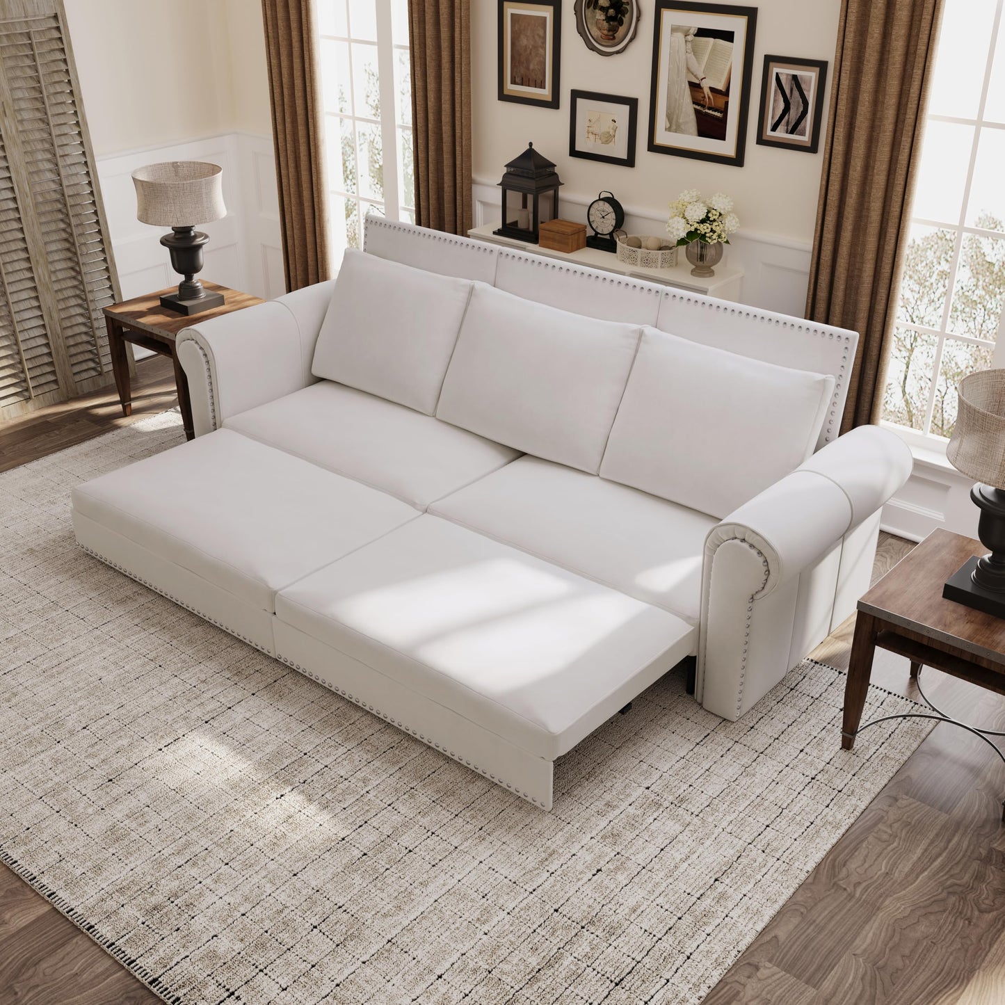 KEIKI 94" Chesterfield 3-in-1 Pull Out Sofa Bed, King Convertible Velvet Sofa with Rolled Arms & Nailhead Trim, 3-Seater Sofa Bed for Living Room, Bedroom or Office, Beige White