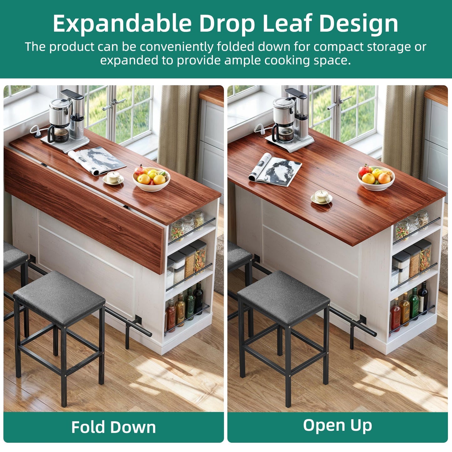 YITAHOME Kitchen Island with Seating, 47 Inch Mobile Storage Island with Drop Leaf, Rolling Islands Table with Power Outlet & Spice Rack, 2 Upholstered Stools and Footrest, for Dining Room, Off White