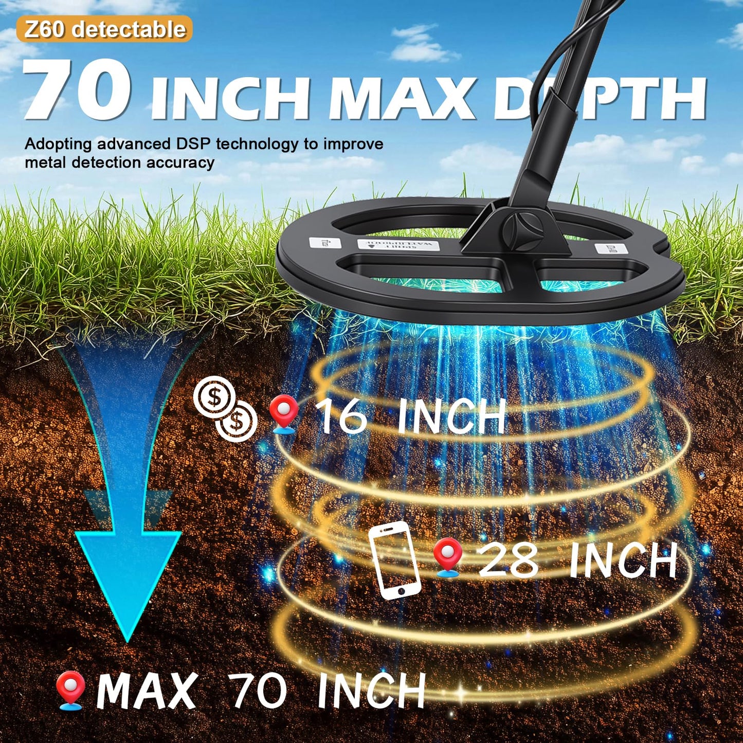 WenMia Metal Detector for Adults Waterproof DD Coil Up to 16 Inch Depth with 5 Detection Modes and Pinpoint for Coins Jewelry Beach and River