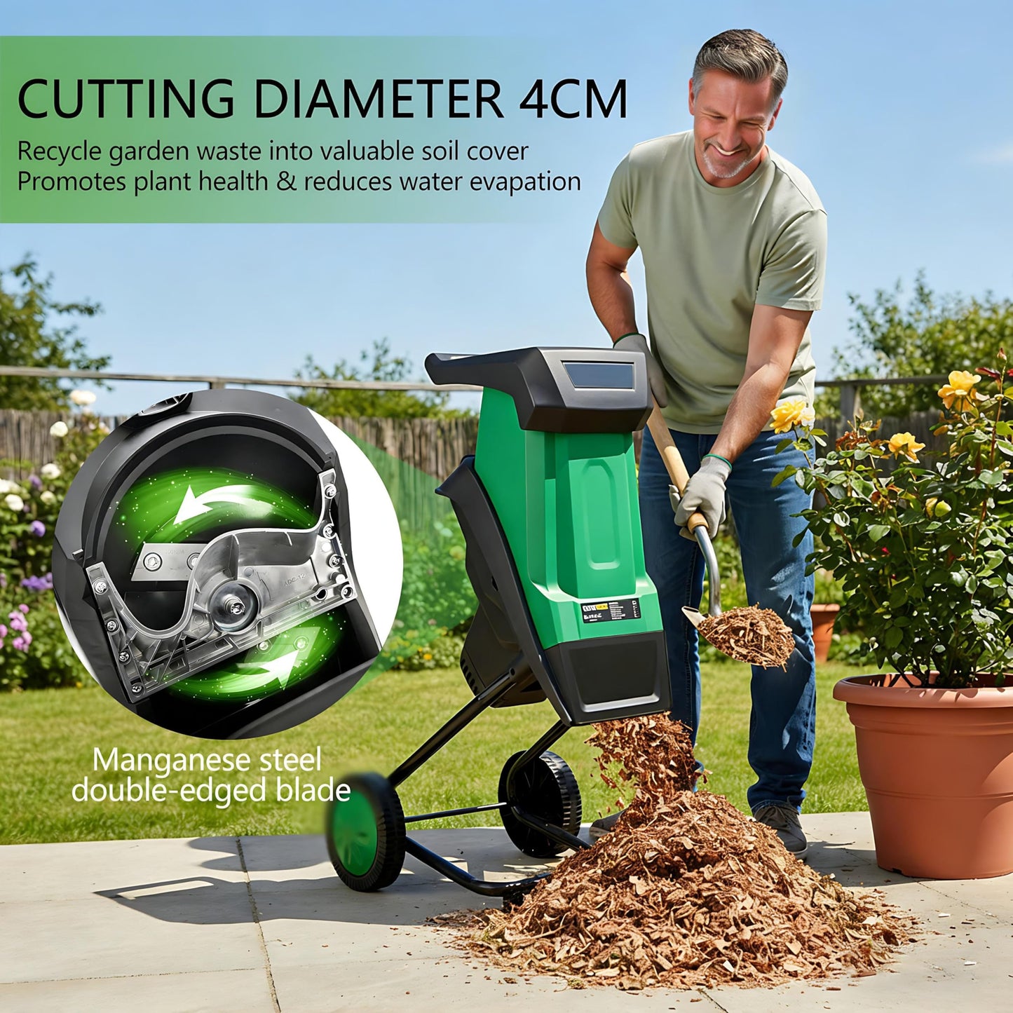 QIUNAOZI Garden Mulcher, 2400W Tree Branch Crushing Machine, Overload/Blockage Protection, 40mm Cutting Capacity, 4500rpm, Reinforced Rotary Double Blade, for Composting and Yard Waste
