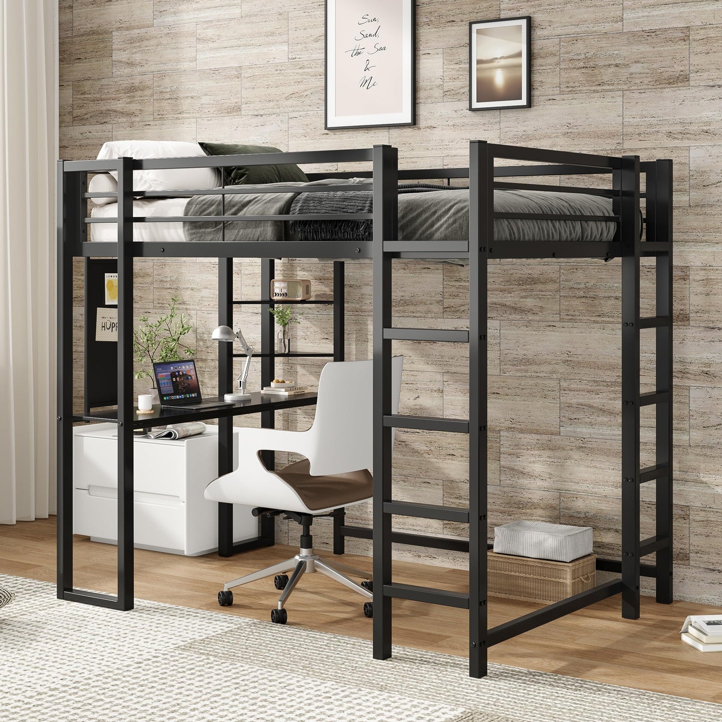 Sailret Full Metal Loft Bed with Desk, Pegboard and Display Shelves, Space-Saving Frame with Ladder and Full-Length Guardrails, Space-Saving Bed for Bedroom, Black (Mattress Not Included)