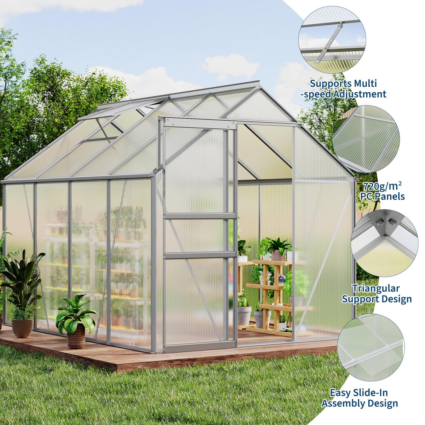 IDEALHOUSE 6 x 8FT Greenhouse for Outside, Polycarbonate Greenhouses with Aluminum Frame, Sliding Door, Adjustable Roof Vent for Backyard, Outdoor Green Houses Garden Backyard, Patio