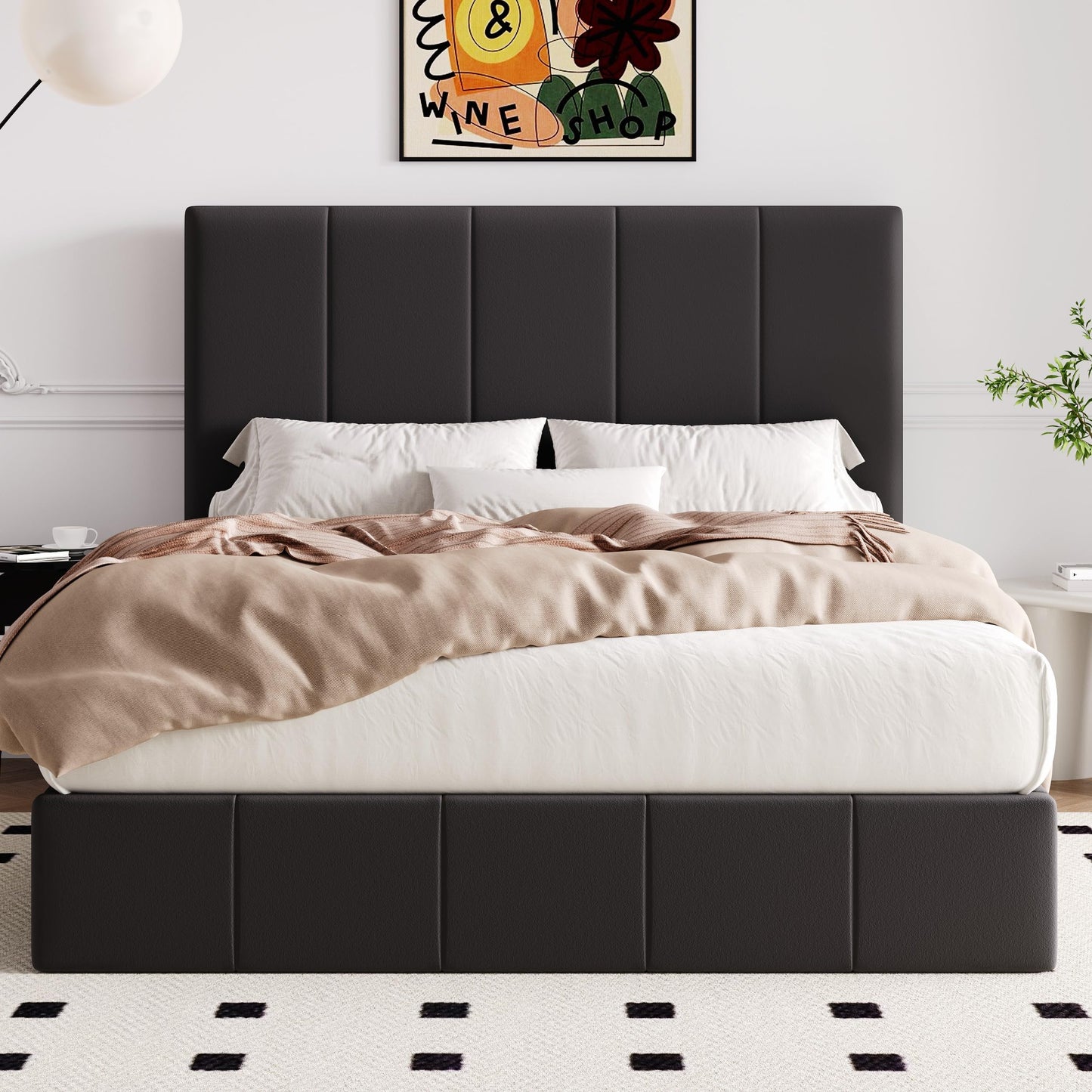 Allewie Queen Size Velvet Lift Up Storage Bed Frame, Vertical Channel Tufted Headboard, Hydrualic Underneath Storage, Upholstered Platform Bed, Wooden Slats Support, No Box Spring Needed, Black