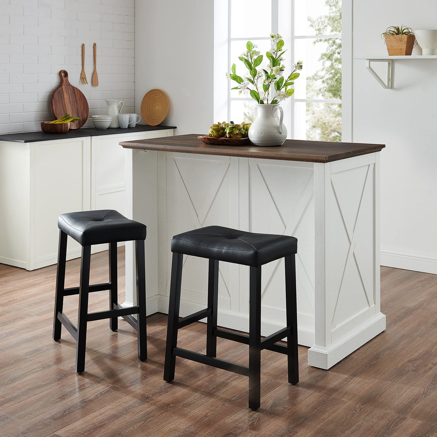 Crosley Furniture Clifton Kitchen Storage Island, Microwave Stand, Coffee Bar and Set of 2 Upholstered Saddle Stools, Distressed White/Black