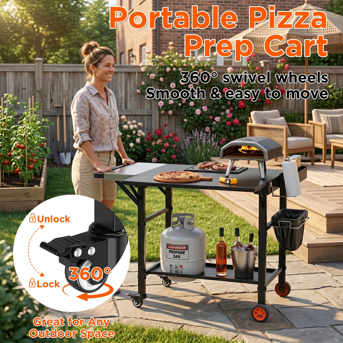 DeintYei Pizza Oven Table for Ooni Pizza Ovens, Grill Cart Table with Topping Station, Large Countertop Pizza Oven Stand, Foldable Outdoor Cooking Stand with Propane Storage