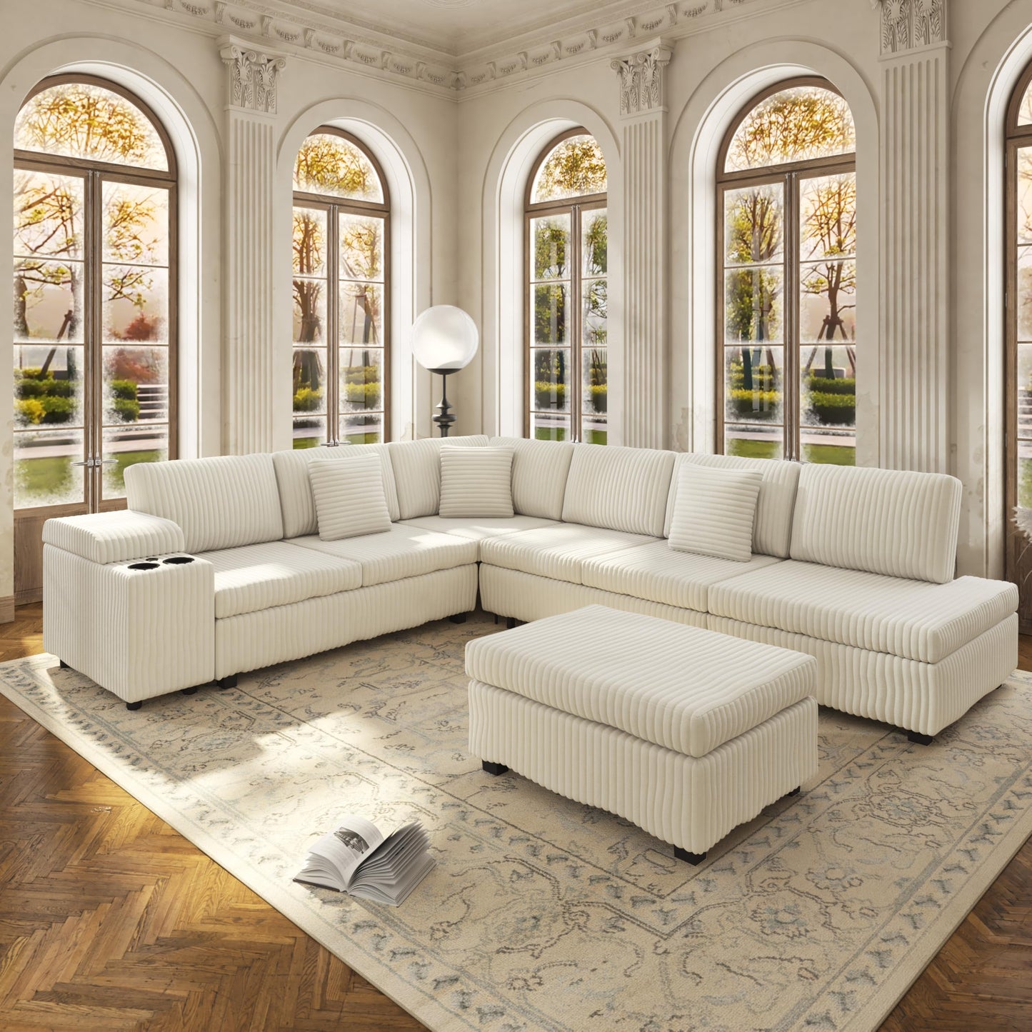 KEIKI 110" L-Shaped Oversized Plush Corduroy Modular Sectional Sofa with Pull-Out Bed, Convertible 6-Seater Sleeper Couch Bed with 1 Ottomans & USB & Cup Holders, Easy Assembly, for Living Room, Beige