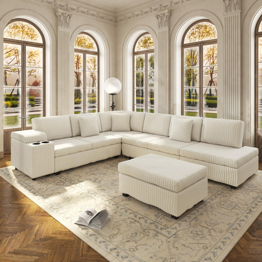 KEIKI 110" L-Shaped Oversized Plush Corduroy Modular Sectional Sofa with Pull-Out Bed, Convertible 6-Seater Sleeper Couch Bed with 1 Ottomans & USB & Cup Holders, Easy Assembly, for Living Room, Beige