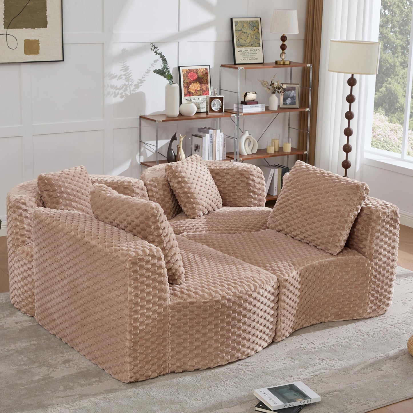 Merax 138" Curved Modular Sectional Sofa Set, Compressed 4 Seat Bubble-Velvet Boneless Sectional Couch Sofa with Deep Seat & Pillow, Comfy Cloud Soft Couches for Living Room, Easy Assembly, Camel