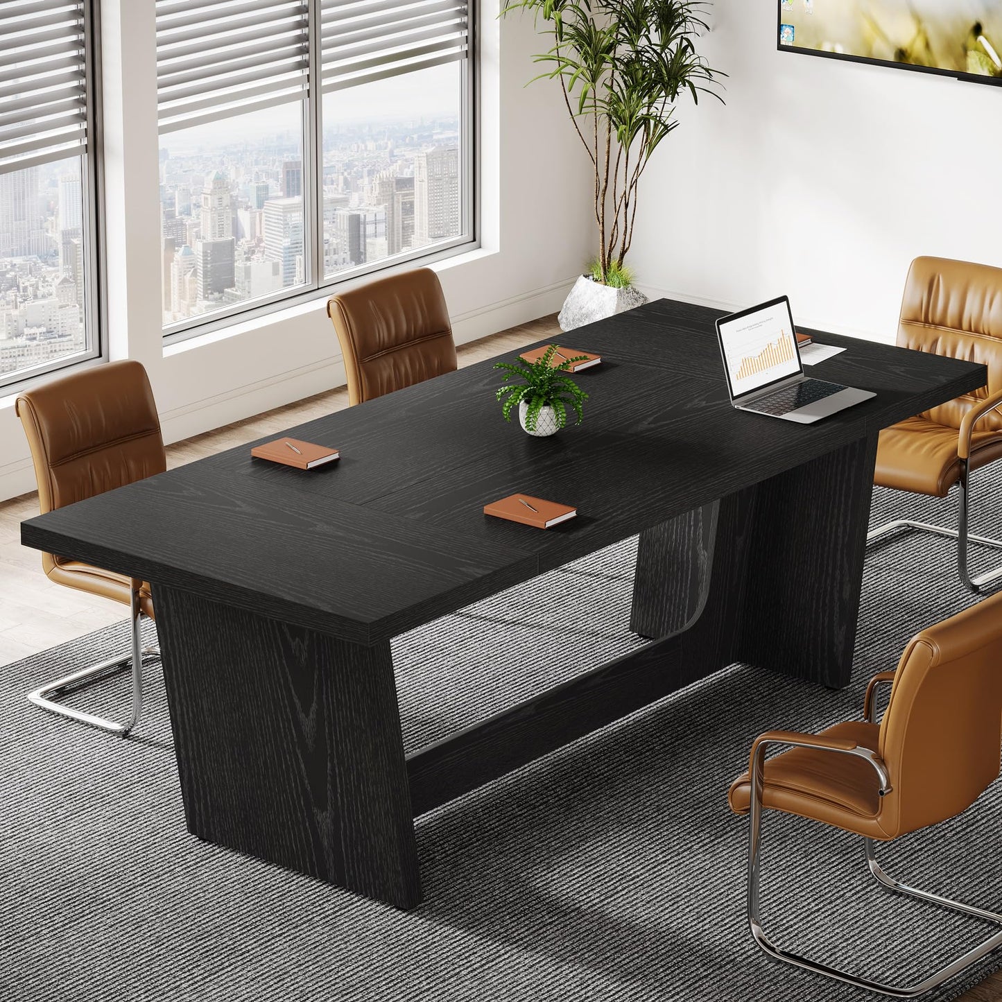 Tribesigns 6 FT Conference Table, 71" Rectangular Meeting Table for Office Conference Room, Large Executive Seminar Desk for 6-8, Wooden Business Boardroom Table with Heavy-Duty Pedestal Base, Black