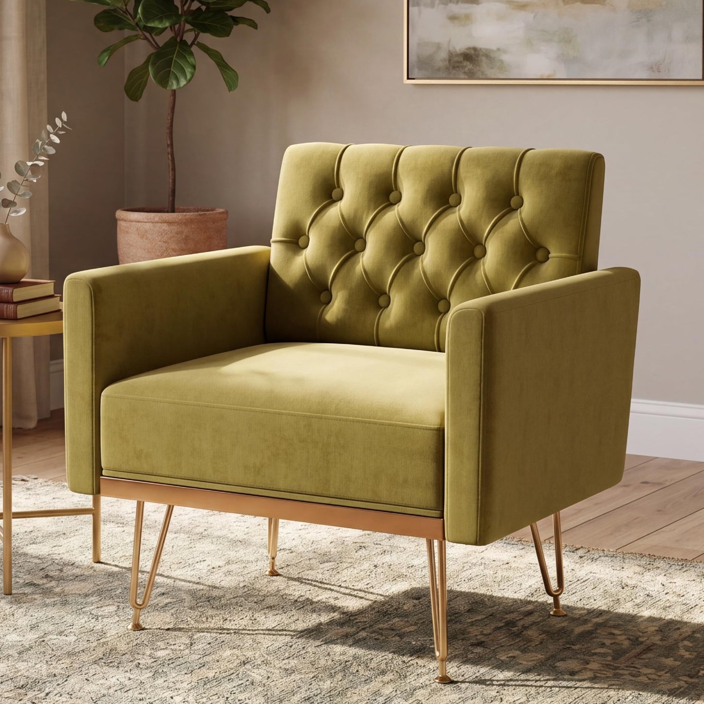 KEIKI Small Velvet Accent Chair, 31 Inch Modern Tufted Upholstered Armchair with Metal Leg, Comfortable Single Sofa Side Reading Chairs, Comfy Arm Chair for Bedroom Living Room, Easy Assembly, Green