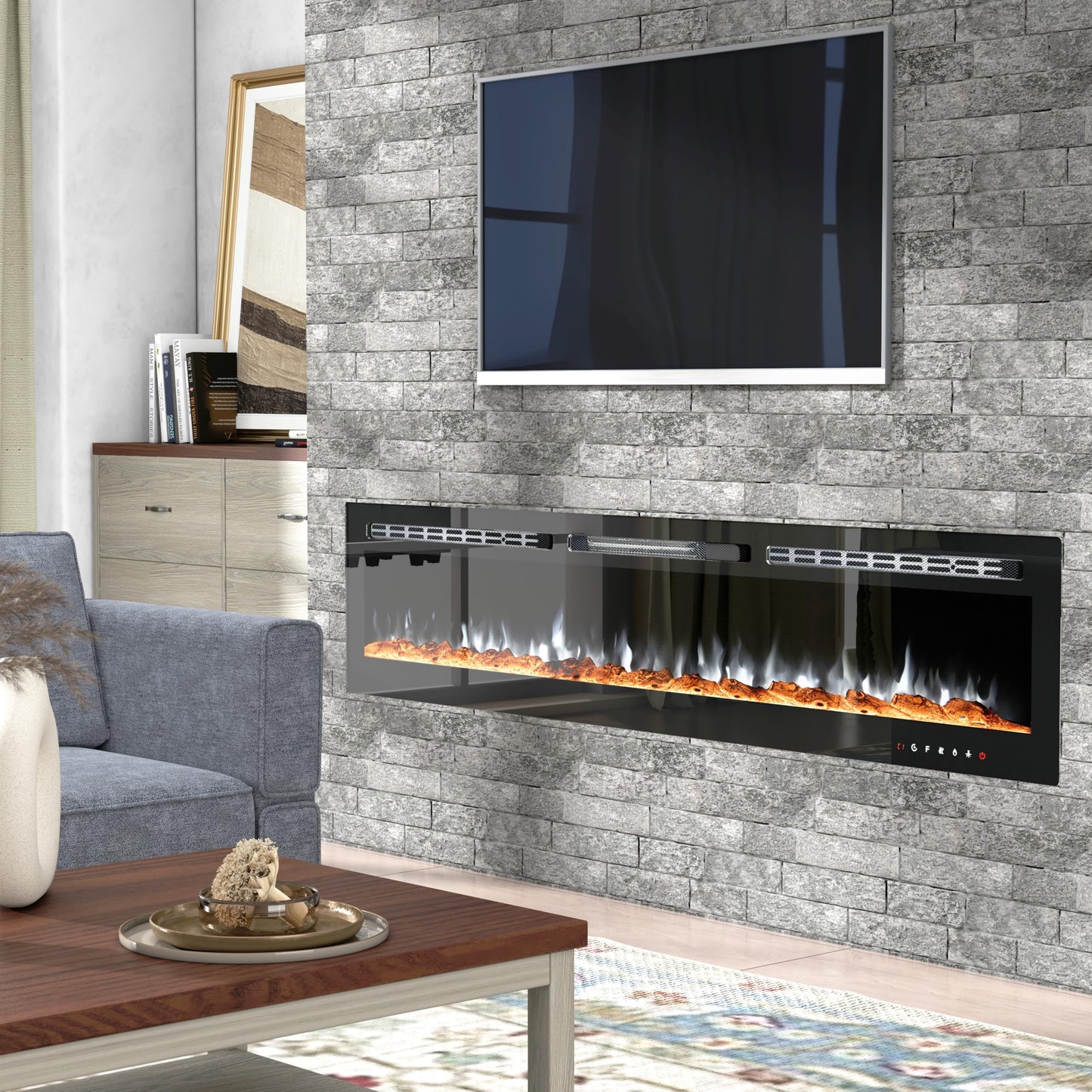 CharaVector 80 inch 750W/1500W Electric Fireplace Inserts with Remote Control in Wall Mounted, Energy Saving LED Insert Fireplace Heater Indoor Glass View with Remote Control & Touch Screen, Black
