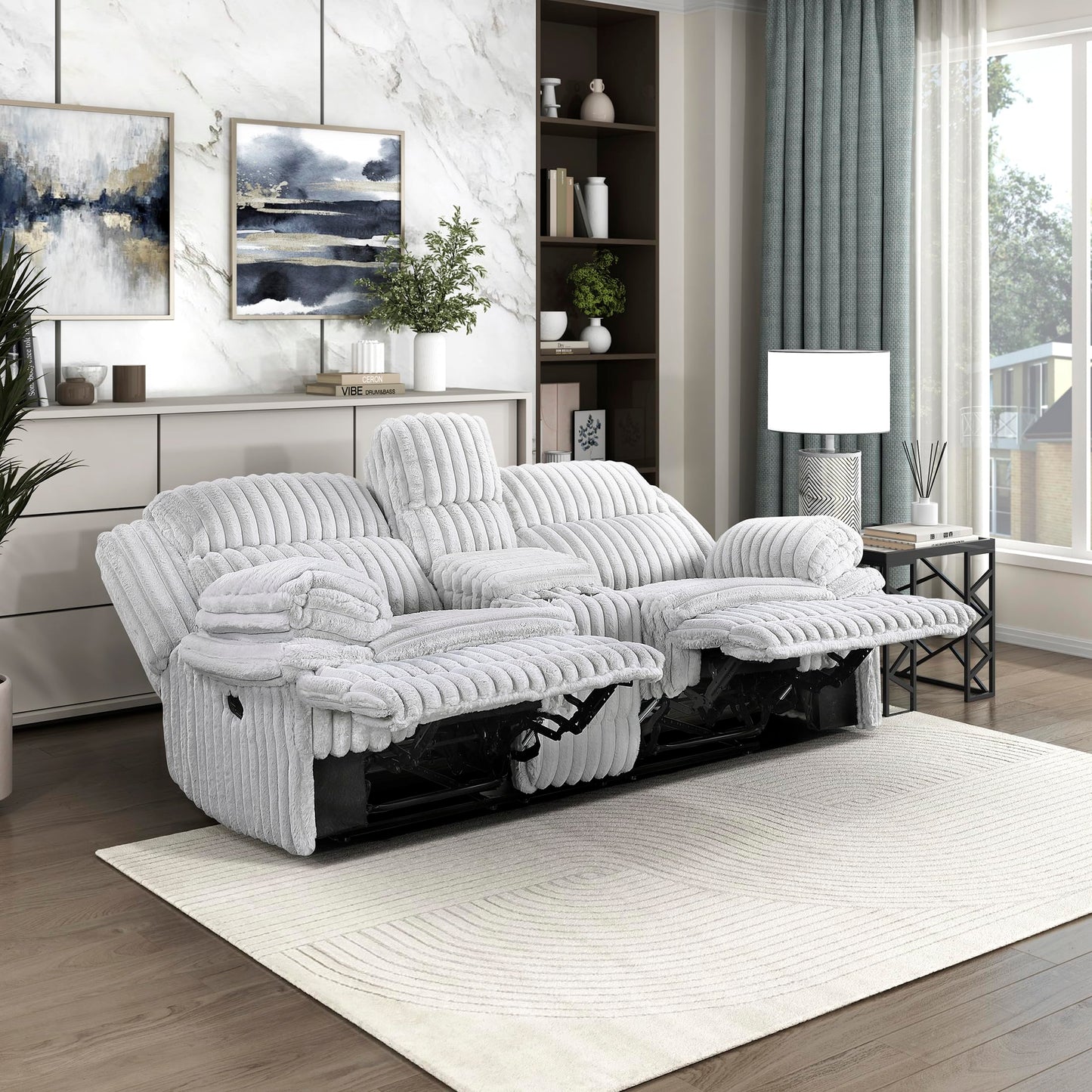 Lexicon Manual Double Reclining Loveseat with Center Console, Corduroy Manual Wall Hugger Recliner Couch, Pillow Top Arms, Cup Holders, Hidden Storage, Cozy Loveseat for Living Room, Gray