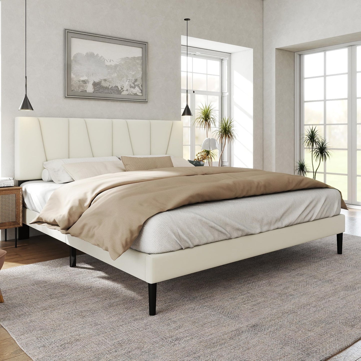 HAOARA King Size Bed Frame with Fabric Upholstered Headboard, Platform Bed with Wooden Slats Support, Fully Mattress Foundation, Box Spring Optional, Easy Assembly