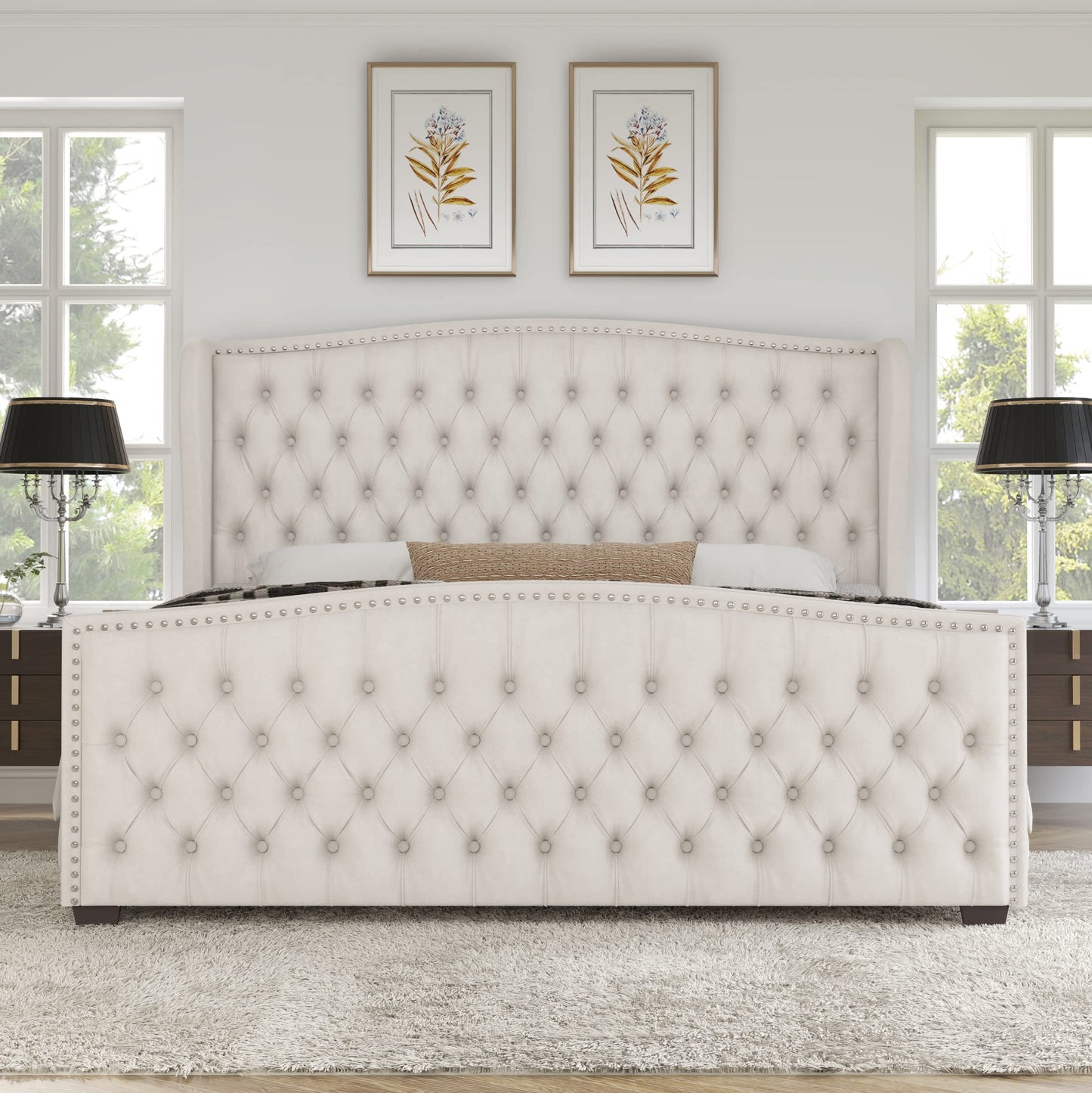 AMERLIFE King Size Platform Bed Frame, Velvet Upholstered Bed with Deep Button Tufted & Nailhead Trim Wingback Headboard/No Box Spring Required/Cream