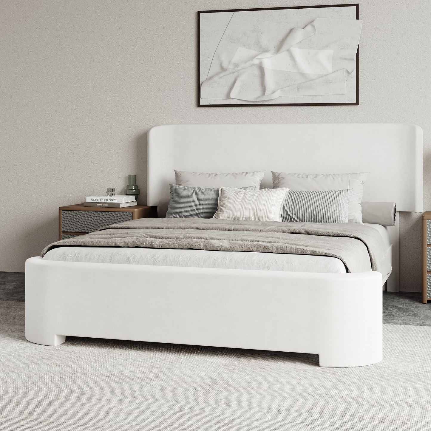 BarnFurin Full Size Bed Frame with Wingback Headboard, Velvet Upholstered Platform Bed with Headboard and Footboard, Quiet & Stable Support, Easy Assembly, No Box Spring Needed, White