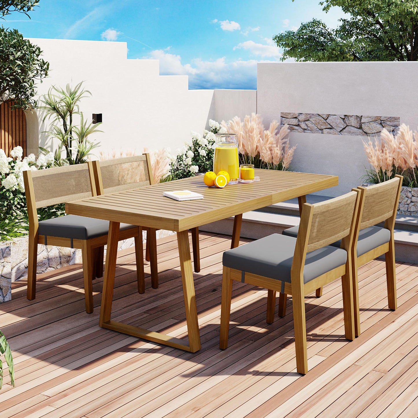 Merax Acacia Wood Outdoor Dining Set for 4,Waterproof Patio Furniture with 1 Table and 4 Chairs,and Thick Cushions for Balcony, Vourtyard, and Garden