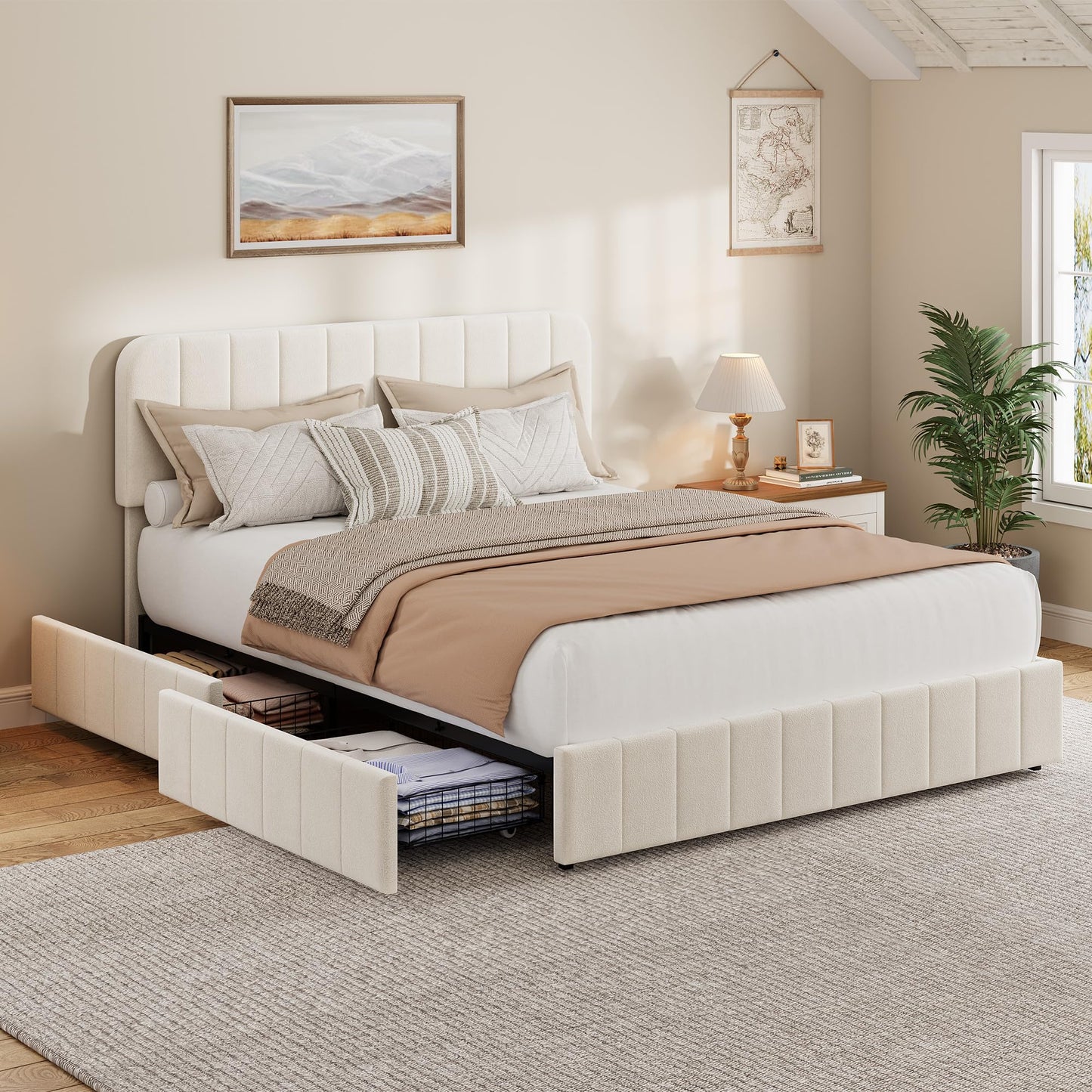 IDEALHOUSE Queen Size Velvet Bed Frame with 4 Storage Drawers, Upholstered Platform Bed with Vertical Channel Tufted Adjustable Headboard, No Box Spring Needed, Easy Assembly, Beige