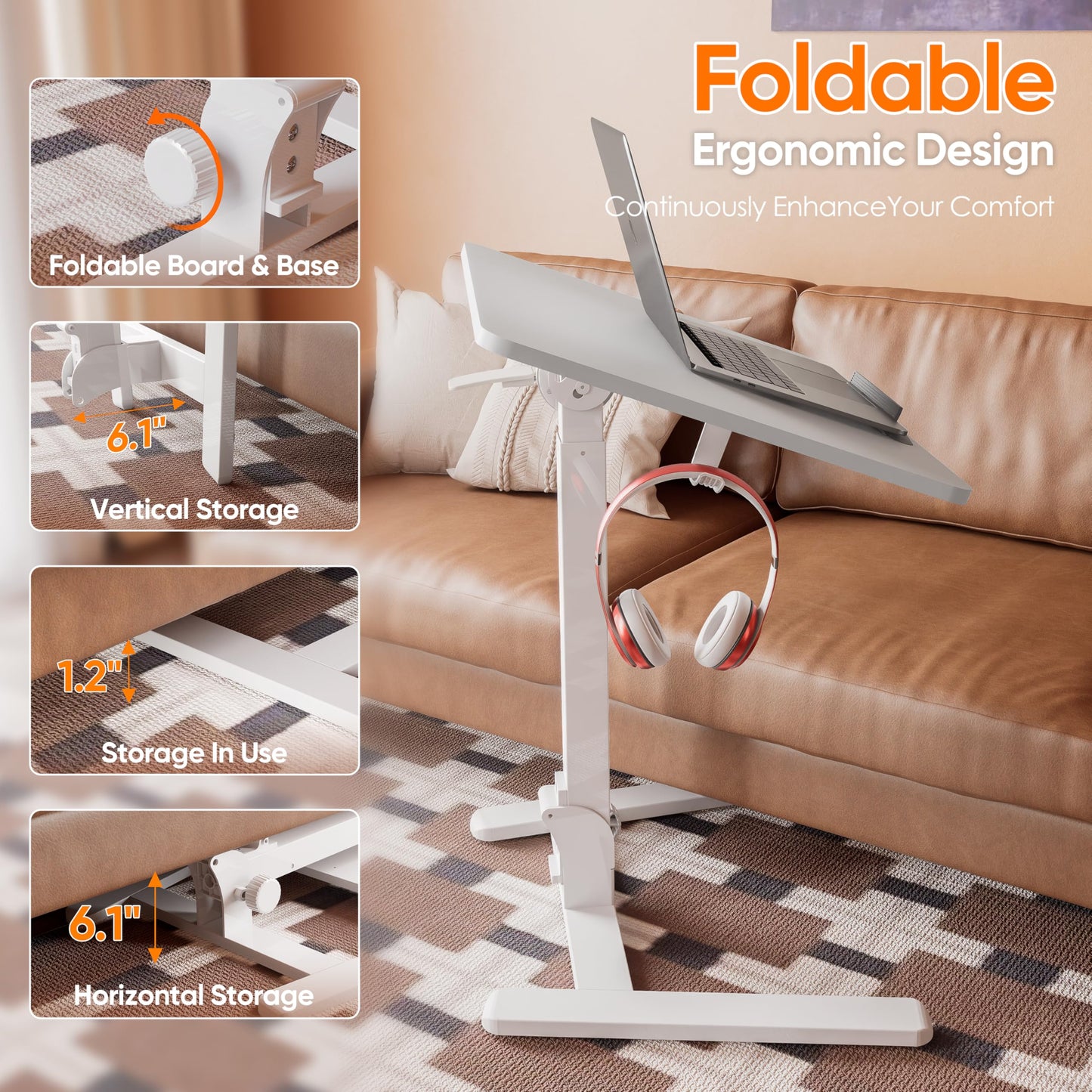 Monomi Mobile Folding Desk 25.6 Inch, Small Sit-Stand Height Adjustable Rolling Laptop Desk, Space-Saving Portable Desk with Wheels for Home Office Craft & Study, White
