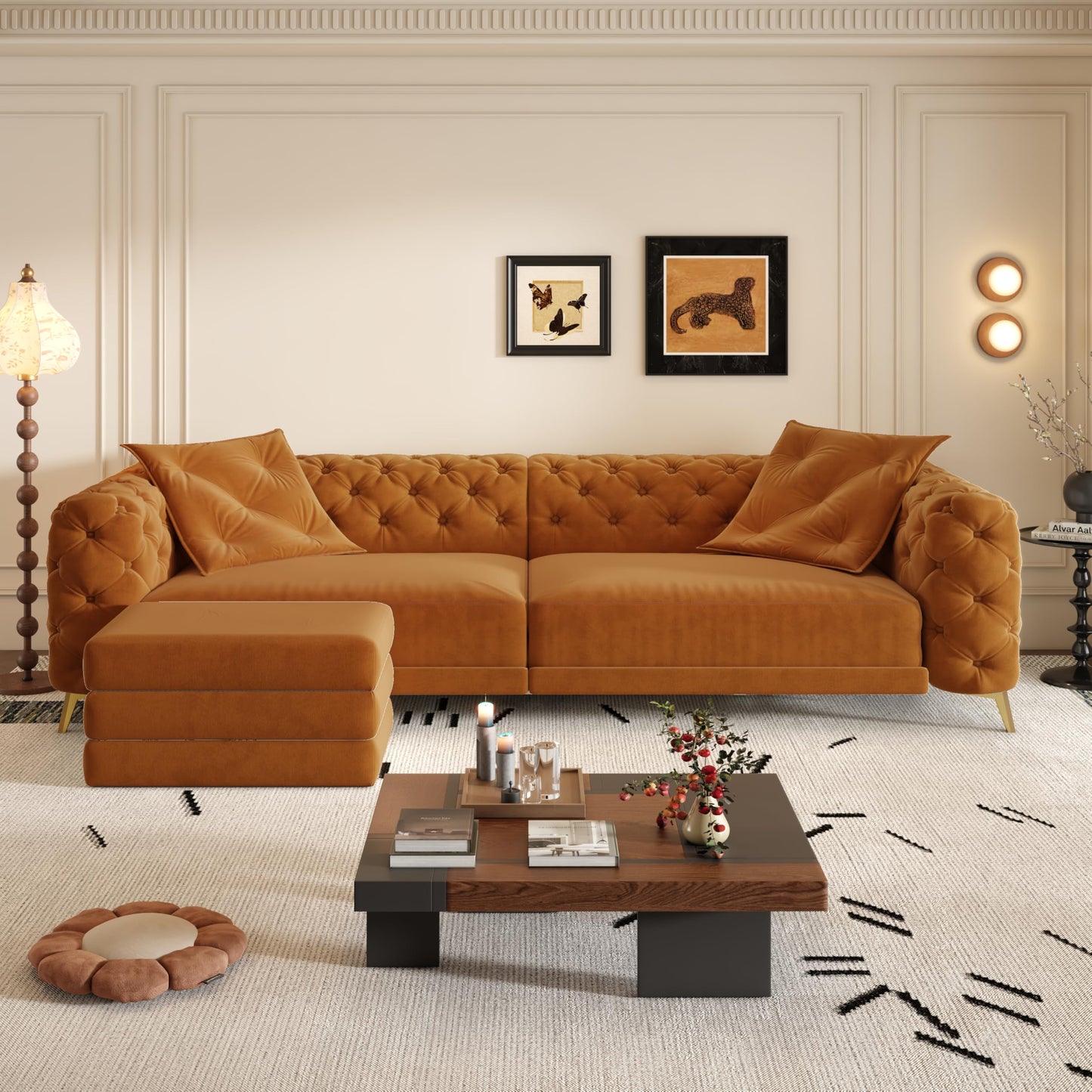 Ball & Cast 3-in-1 Convertible Sleeper Sofa with Movable Ottoman,97.7" Velvet Pull Out Sofa Bed, Modern Button Tufted 4-Seater Sofa Couch with Deep Seat for Living Room, Apartment,Office,Orange