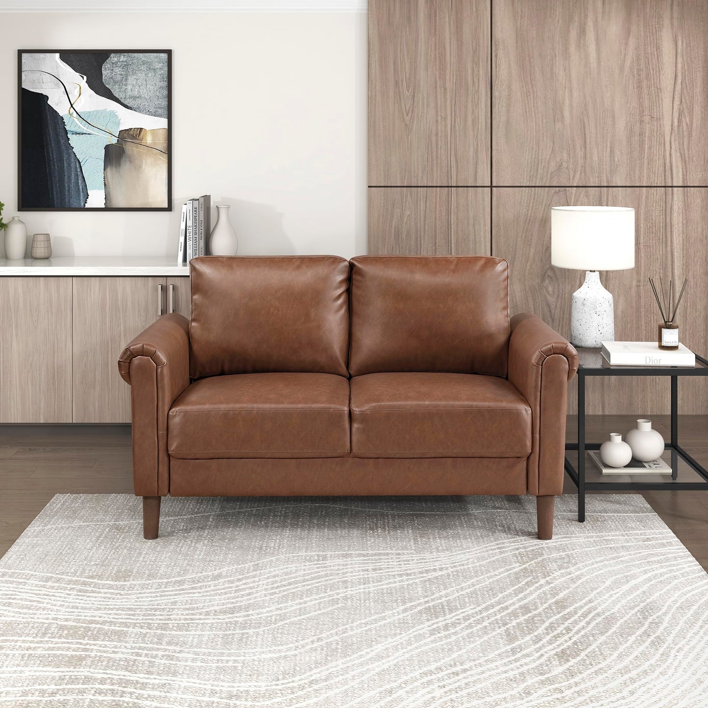 Lexicon 57" W Faux Leather Loveseat Sofa, Upholstered 2-Seater Couch with Rolled Armrest & Wood-Look Feet, Traditional Small Space Living Room, Office or Waiting Room Seating - Chocolate