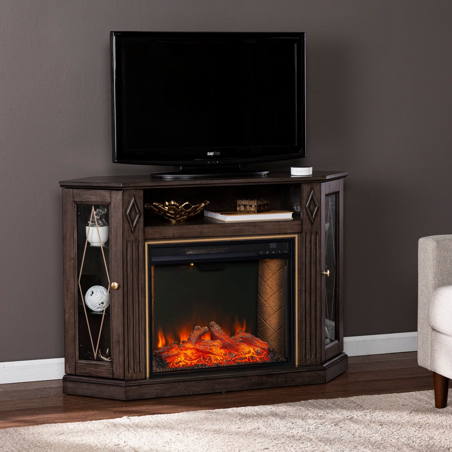 SEI Furniture Austindale Brown Electric Fireplace Media Console, Fireplace TV Stand with Storage, Criss Cross Design, 47” Wide (FX1137556)