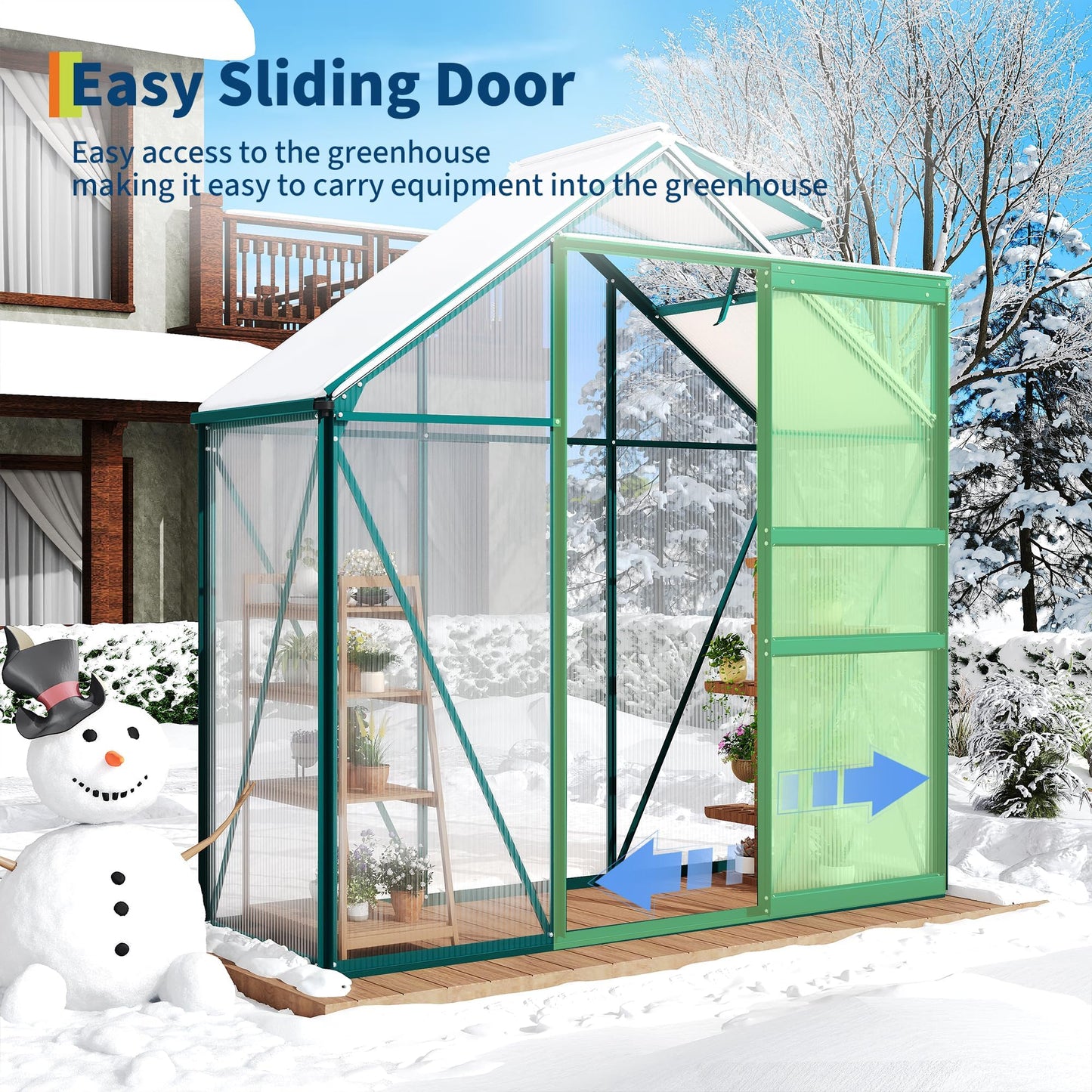 MilleLoom 6x3Ft Greenhouse for Outdoors, Polycarbonate Greenhouse with Quick Setup Structure, Roof Vent&Sliding Door, Aluminum Large Walk-in Green House for Outside Garden Backyard, Patio, Lawn, Green