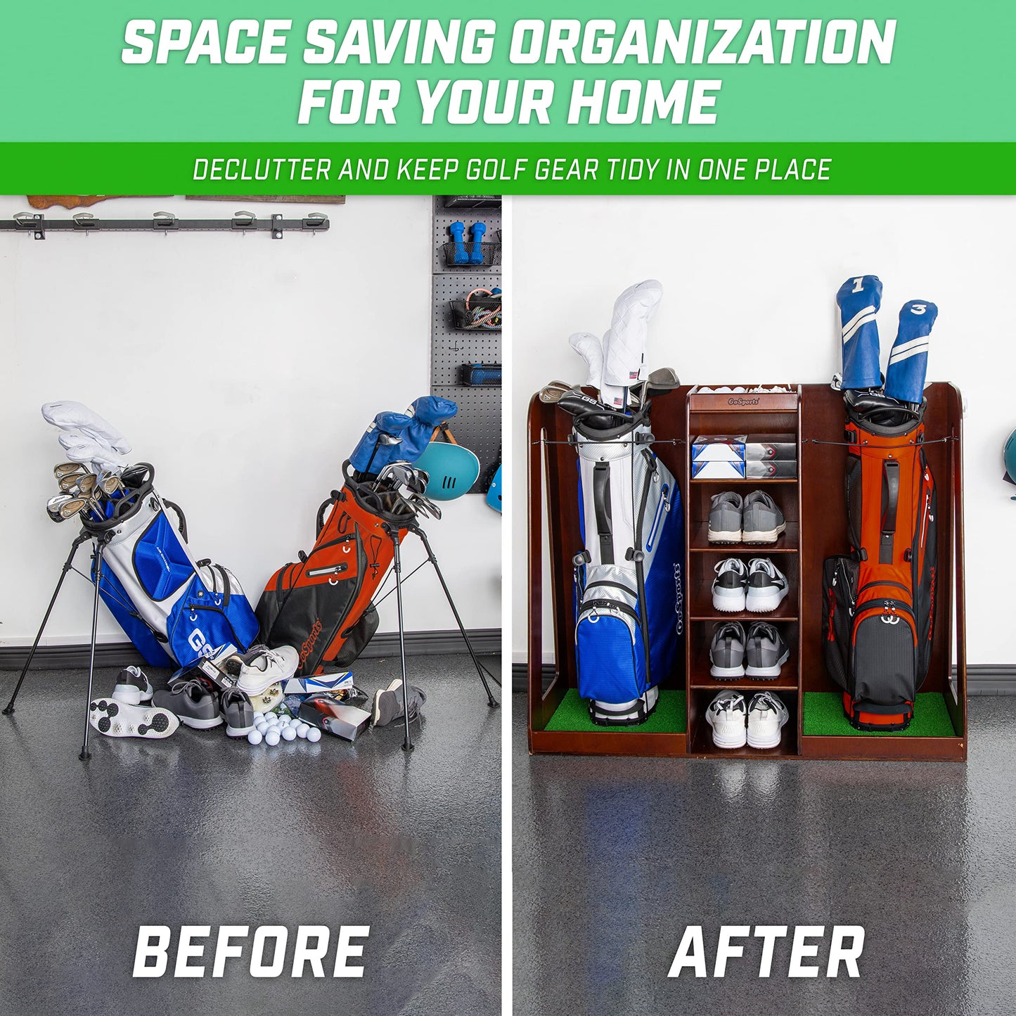 GoSports Premium Wooden Golf Bag Organizer and Storage Rack - Choose Your Style