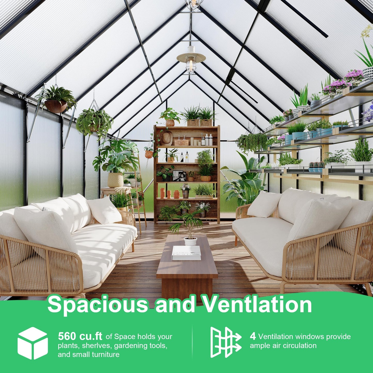 Polycarbonate Greenhouse for Outdoors, Large Walk-InGreenhouse with Quick Setup Structure and Roof Vent, Greenhouse with Ventilation and Rain Gutter