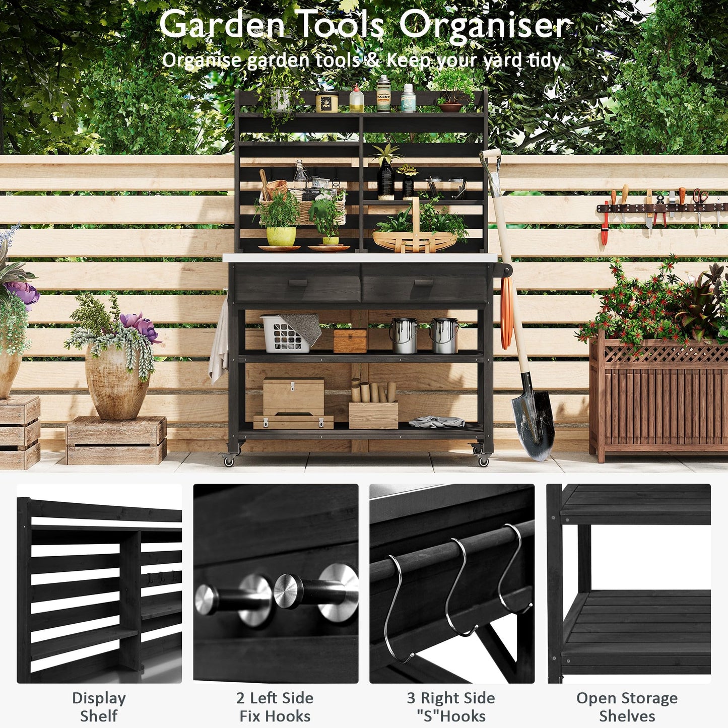 Merax 64.9" H Outdoor Potting Bench Table with Lockable Wheels, Solid Wood Outdoor Kitchen Island with Upper Hutch, Stainless Steel Top, Towel Rack, Outdoor Storage for Grilling, Lawn Garden, Black