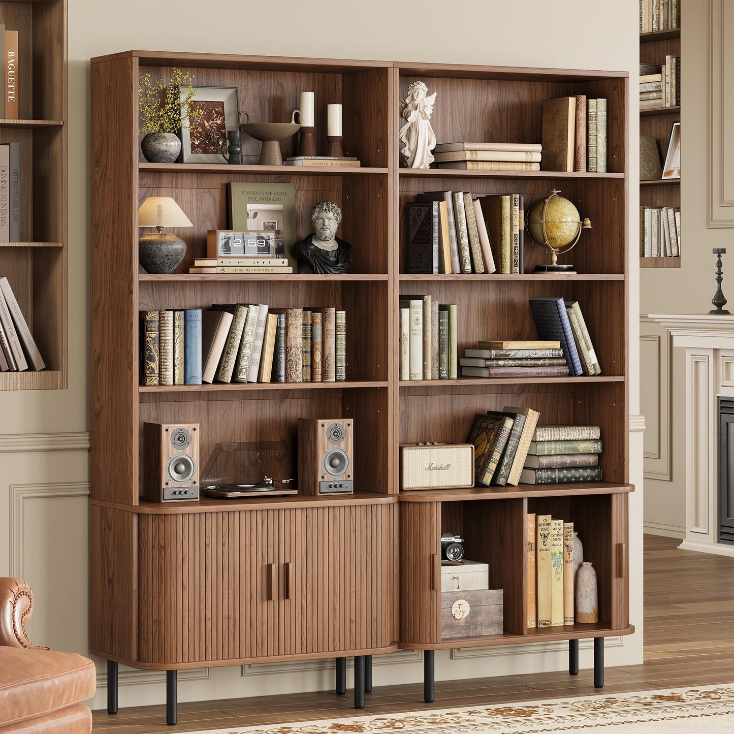 5-Tier Tall Bookshelf with Cabinet, 71" Fluted Bookcase with Sliding Door, Adjustable Display Shelf, Free Standing Cube Storage Organizer, Wood Shelving Unit for Living Room, Home Office, Walnut